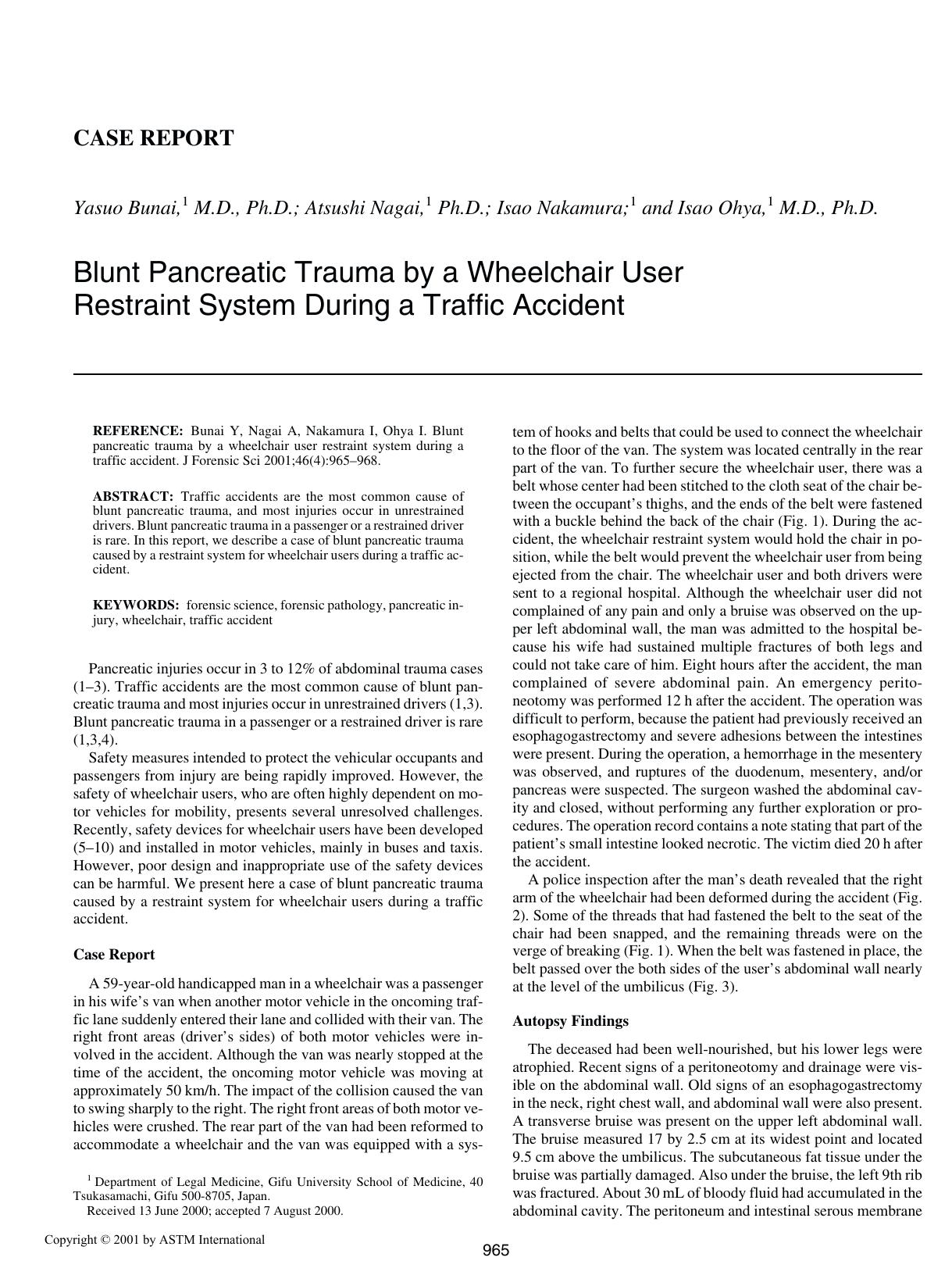 Blunt pancreatic trauma by a wheelchair user restraint system during a traffic accident by Bunai Y Nagai A Nakamura I Ohya I