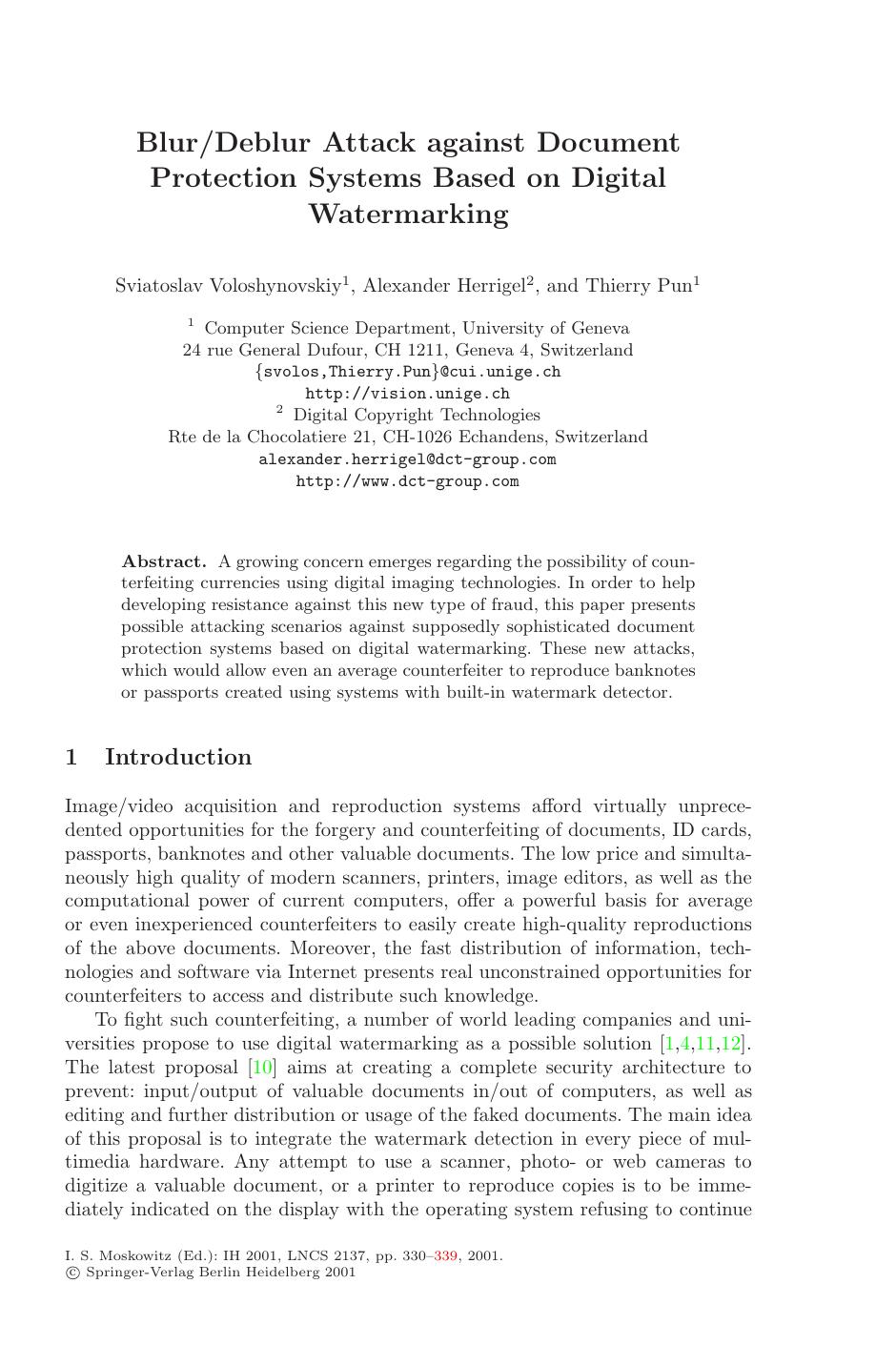 Blur-Deblur Attack against Document Protection Systems Based on Digital Watermarking by Voloshynovskiy Herrigel Pun
