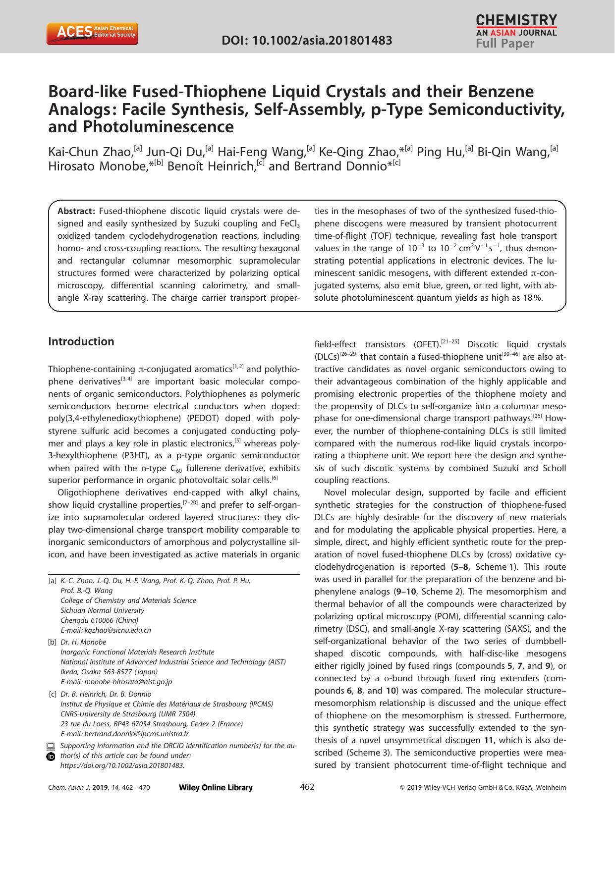 Boardâlike FusedâThiophene Liquid Crystals and their Benzene Analogs: Facile Synthesis, SelfâAssembly, pâType Semiconductivity, and Photoluminescence by Unknown