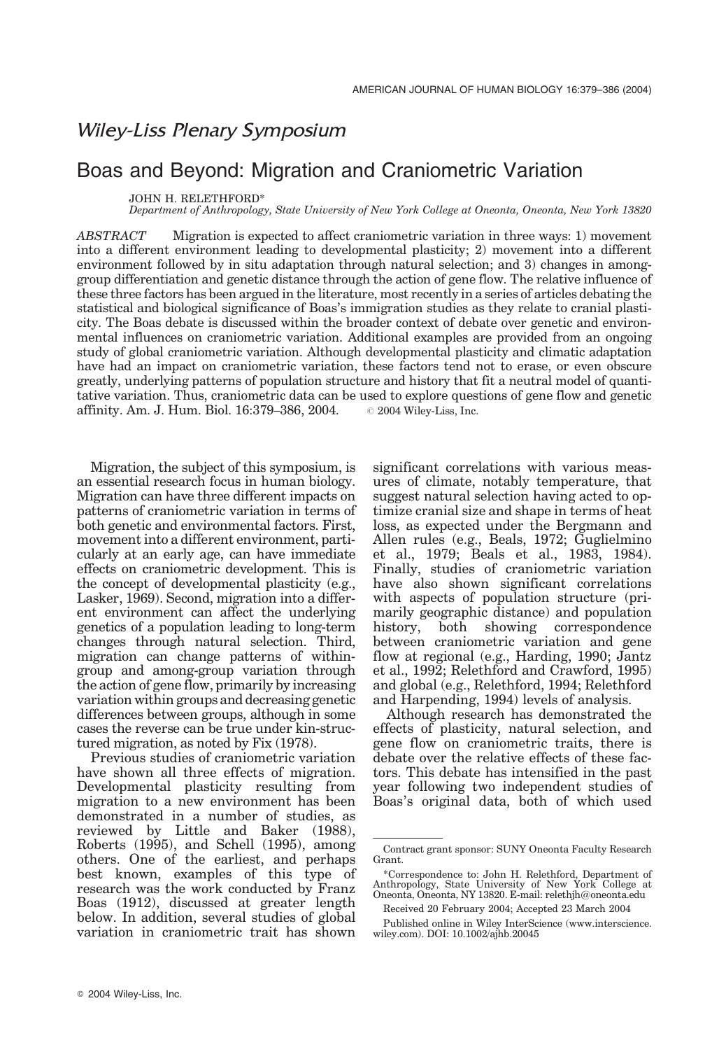 Boas and beyond: Migration and craniometric variation by Migration & Craniometric Variation (2004) by John H. Relethford