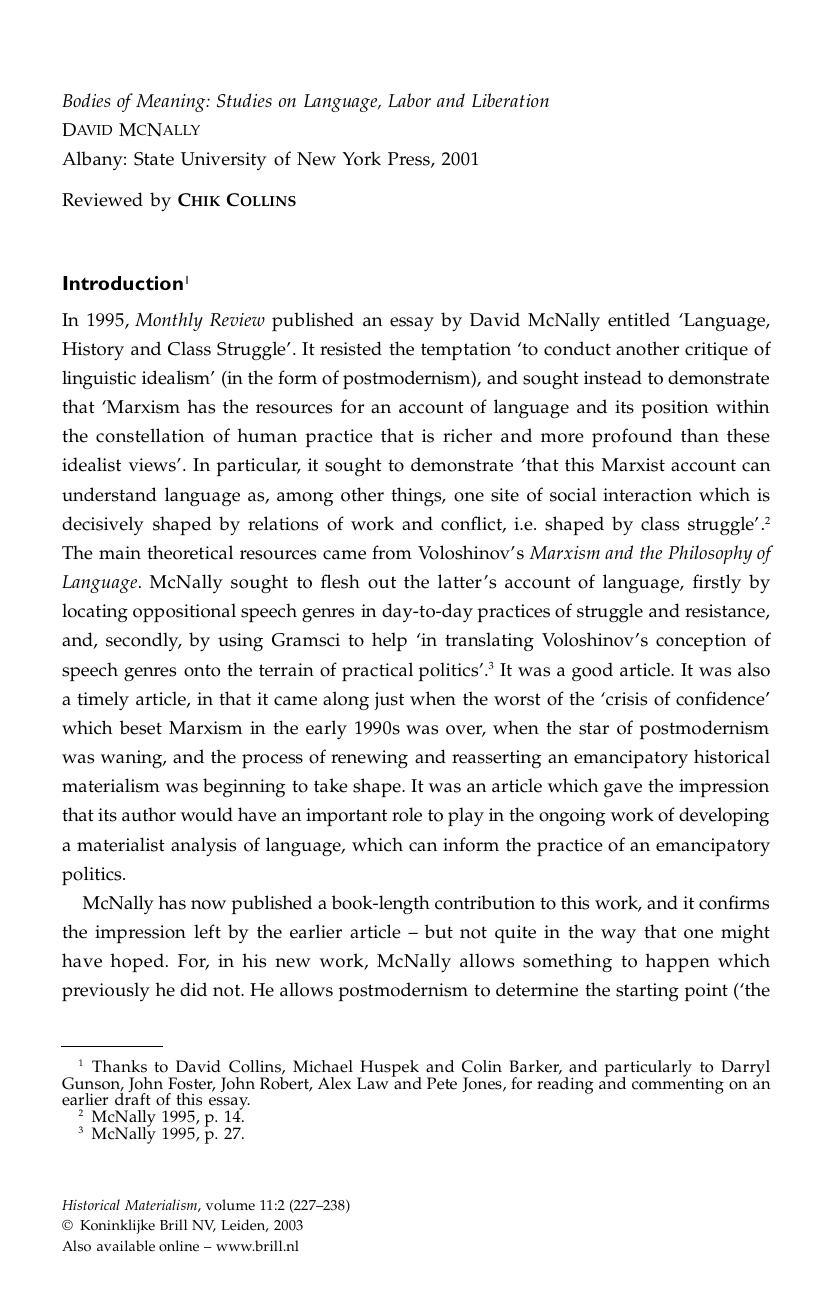 Bodies of Meaning: Studies on Language, Labor and Liberation DAVID MCNALLY by Bodies of Meaning. Studies on Language Labor & Liberation DAVID MCNALLY