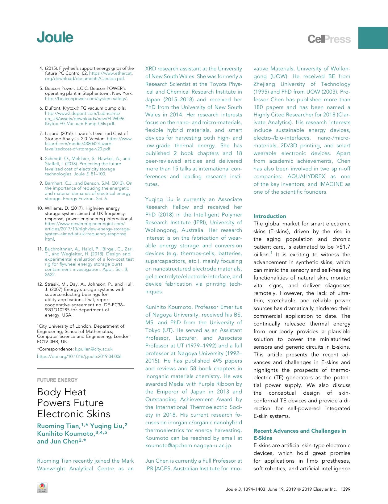 Body Heat Powers Future Electronic Skins by Ruoming Tian & Yuqing Liu & Kunihito Koumoto & Jun Chen