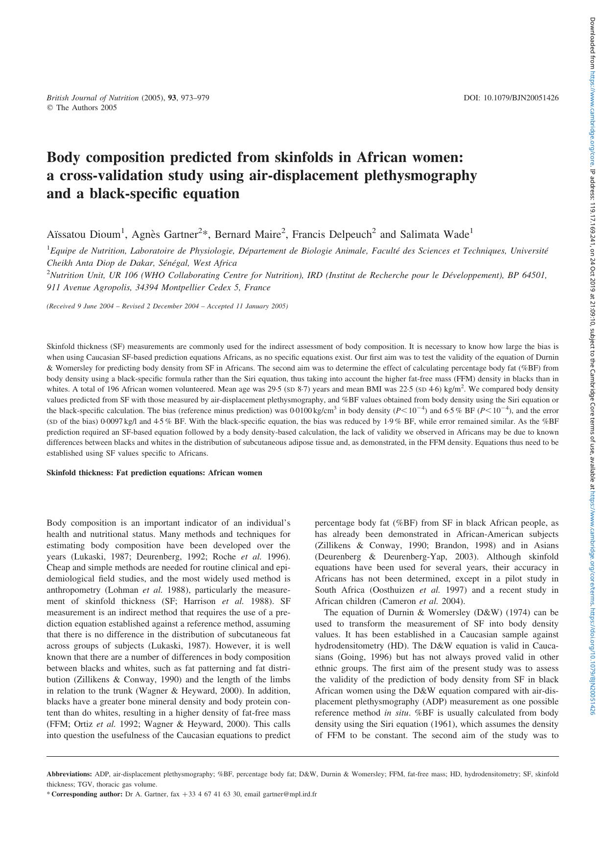 Body composition predicted from skinfolds in African women: a cross-validation study using air-displacement plethysmography and a black-specific equation by Aïssatou Dioum Agnès Gartner Bernard Maire Francis Delpeuch Salimata Wade