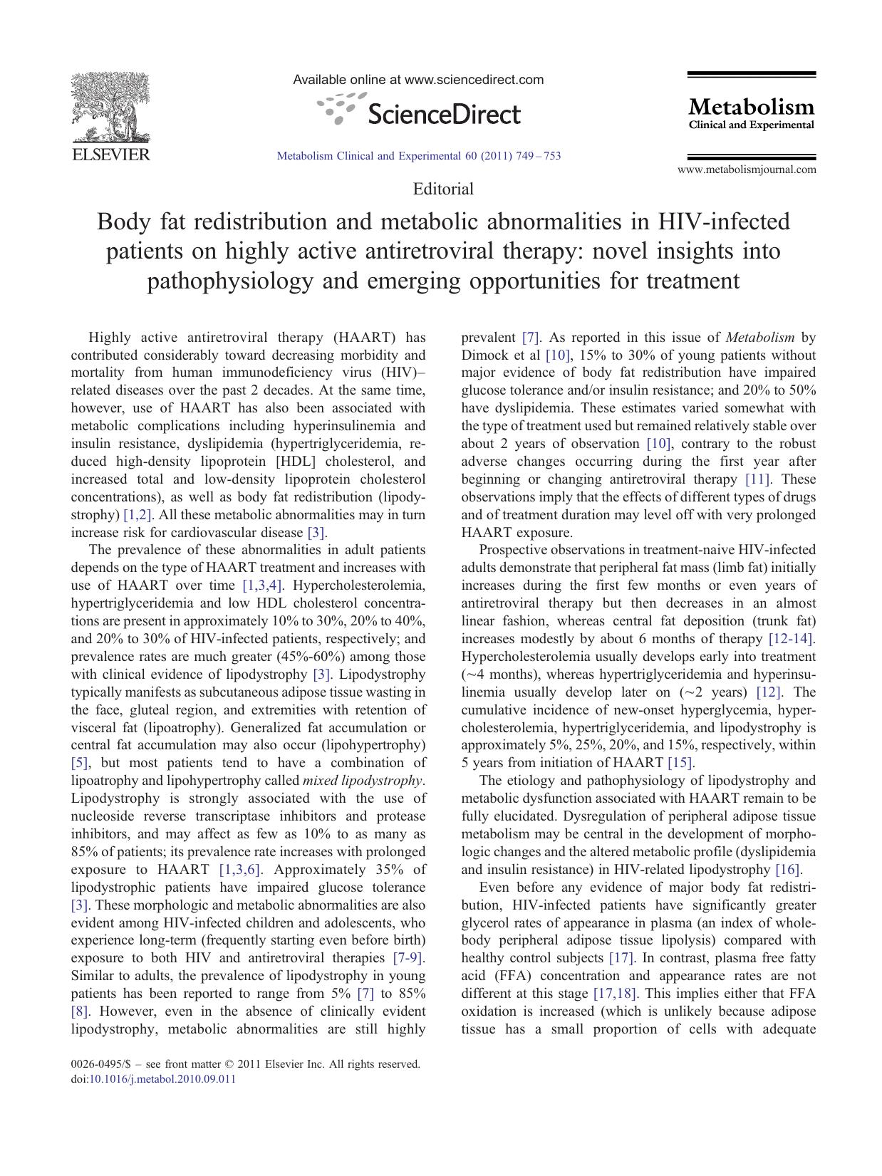 Body fat redistribution and metabolic abnormalities in HIV-infected patients on highly active antiretroviral therapy: novel insights into pathophysiology and emerging opportunities for treatment by Faidon Magkos & Christos S. Mantzoros