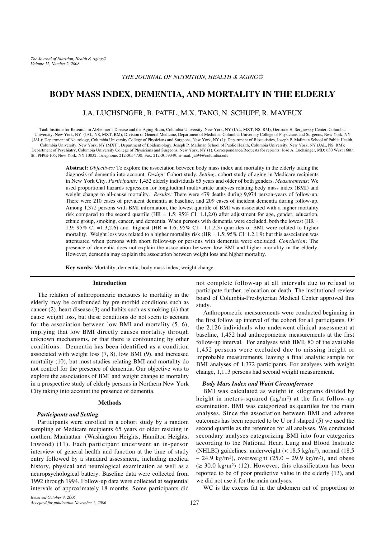 Body mass index, dementia, and mortality in the elderly by Unknown