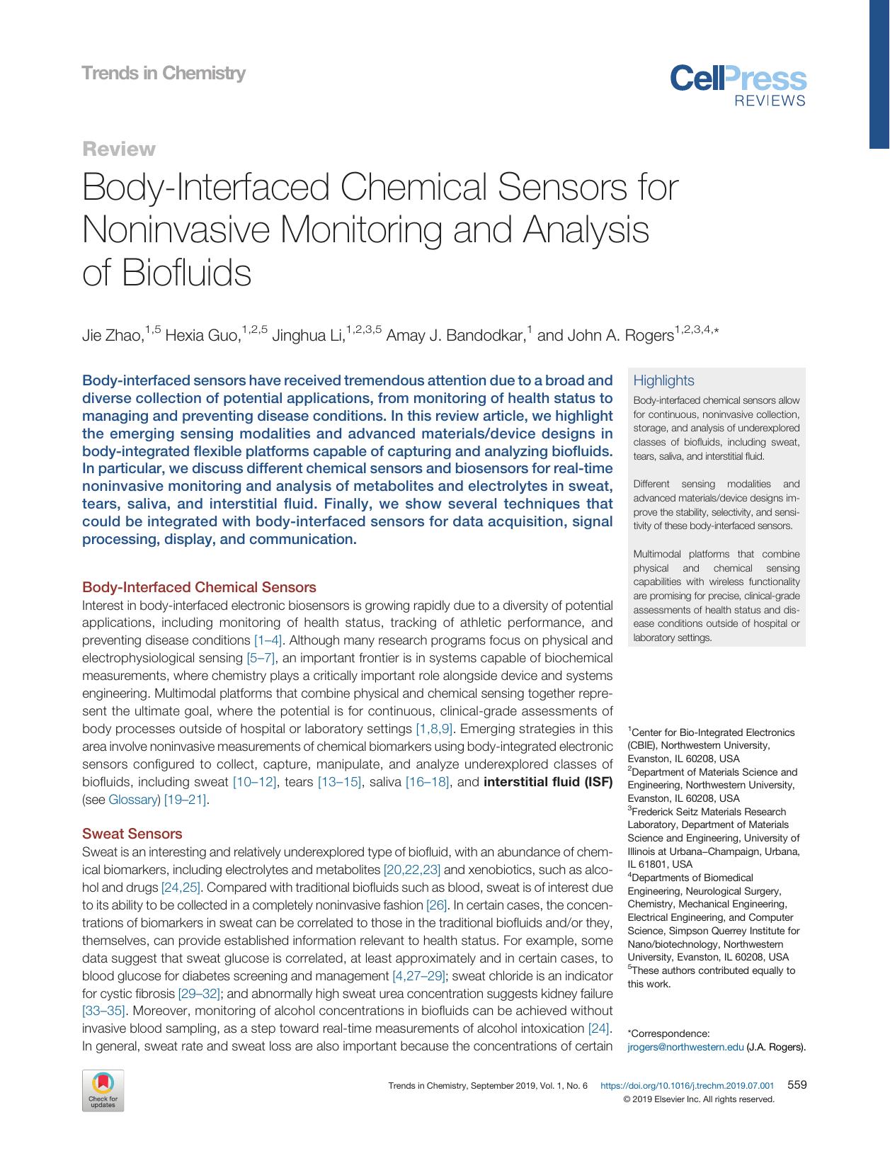 Body-Interfaced Chemical Sensors for Noninvasive Monitoring and Analysis of Biofluids by Jie Zhao & Hexia Guo & Jinghua Li & Amay J. Bandodkar & John A. Rogers