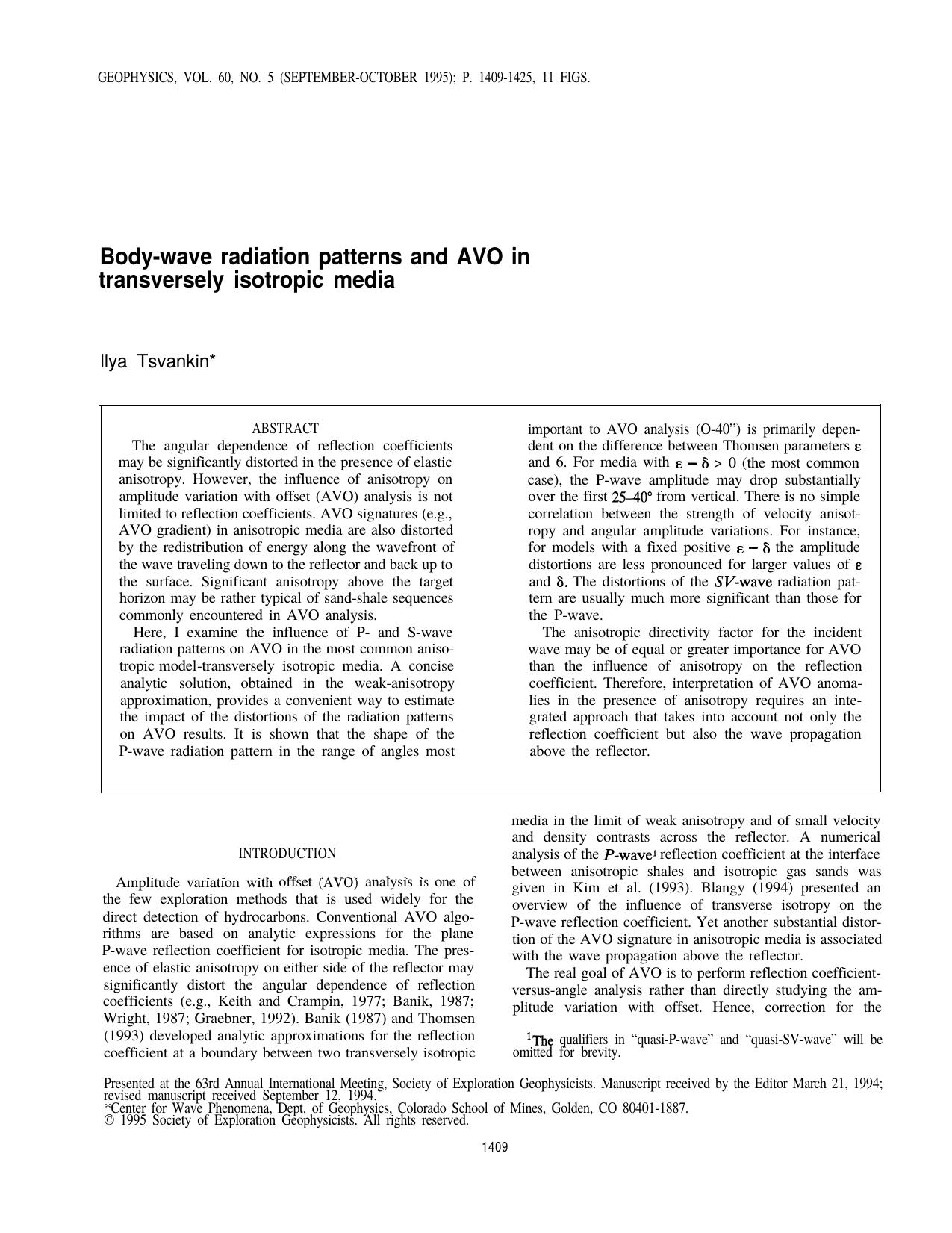Body-wave radiation patterns and AVO in transversely isotropic media by 130 I. Tsvankin