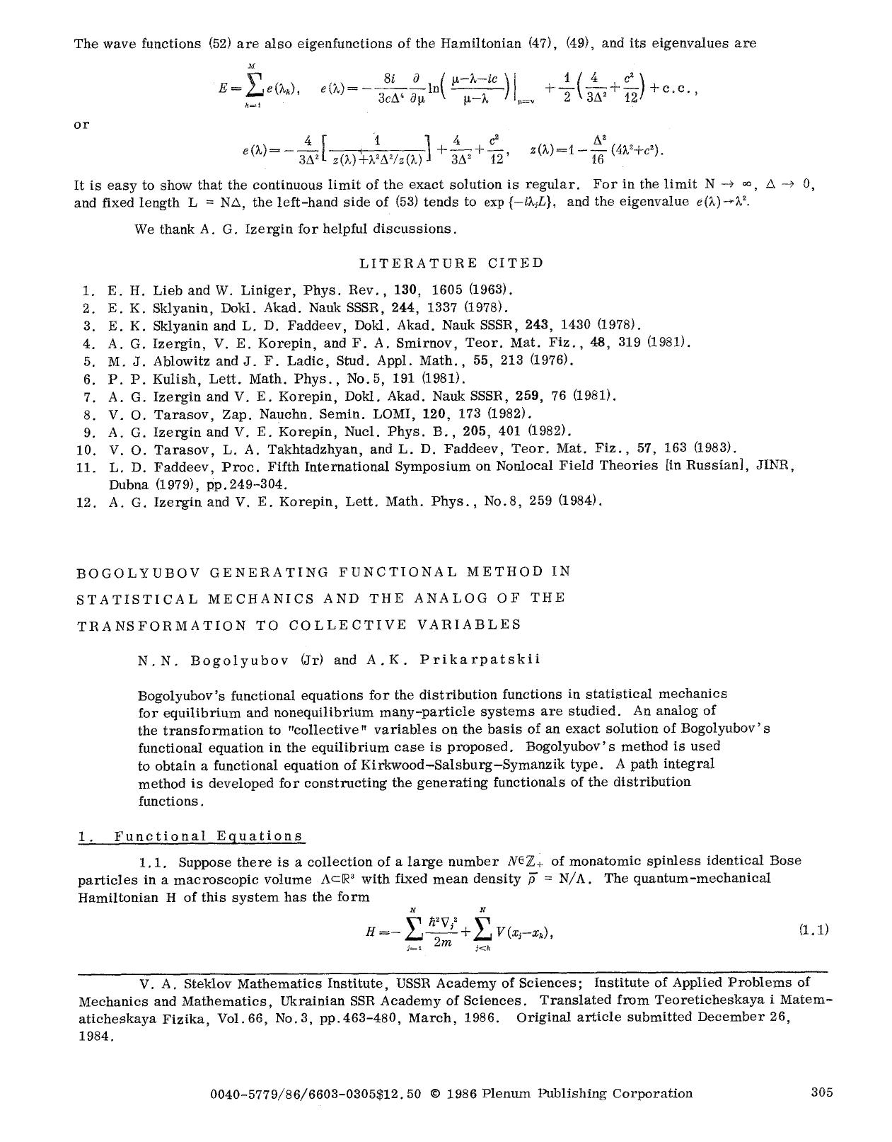 Bogolyubov generating functional method in statistical mechanics and the analog of the transformation to collective variables by Unknown