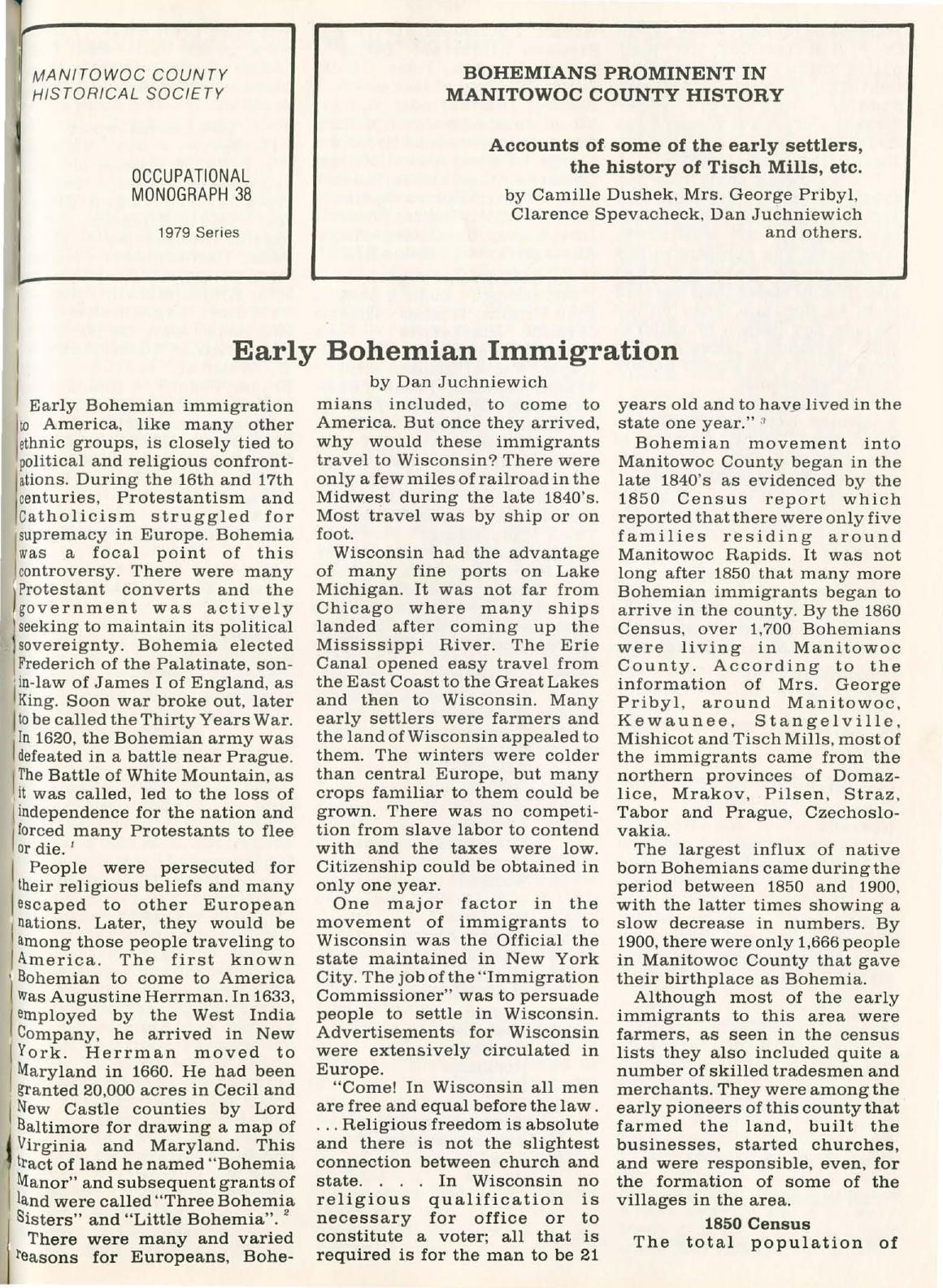 Bohemians prominent in Manitowoc County history : accounts of some of the early settlers, the history of Tisch Mills, etc. by Camille Dushek