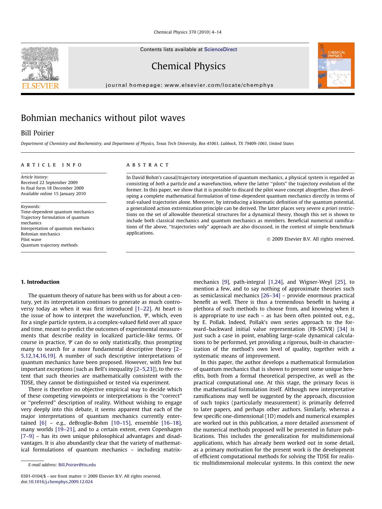 Bohmian mechanics without pilot waves by Bill Poirier