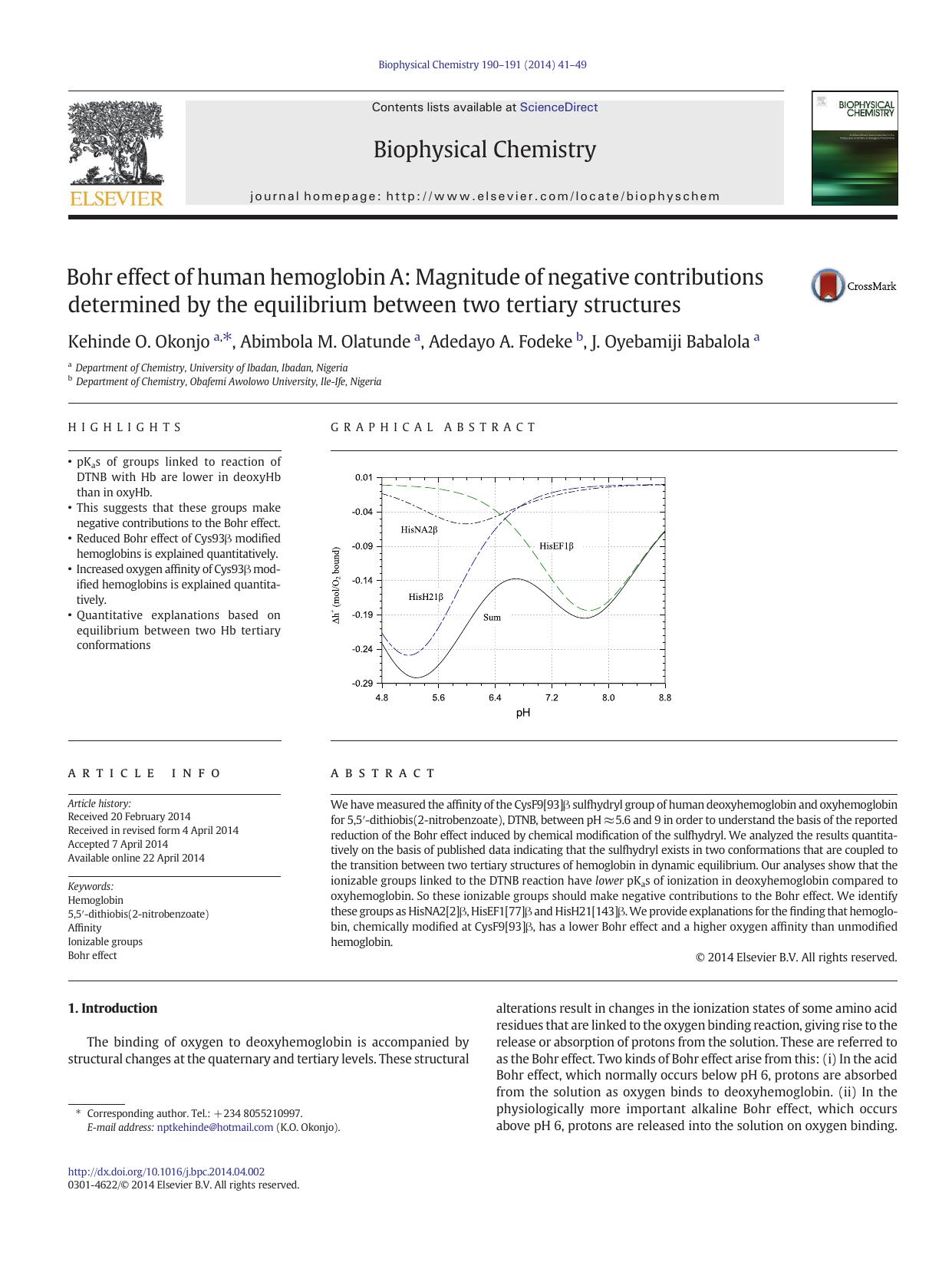 Bohr effect of human hemoglobin A: Magnitude of negative contributions determined by the equilibrium between two tertiary structures by Kehinde O. Okonjo & Abimbola M. Olatunde & Adedayo A. Fodeke & J. Oyebamiji Babalola