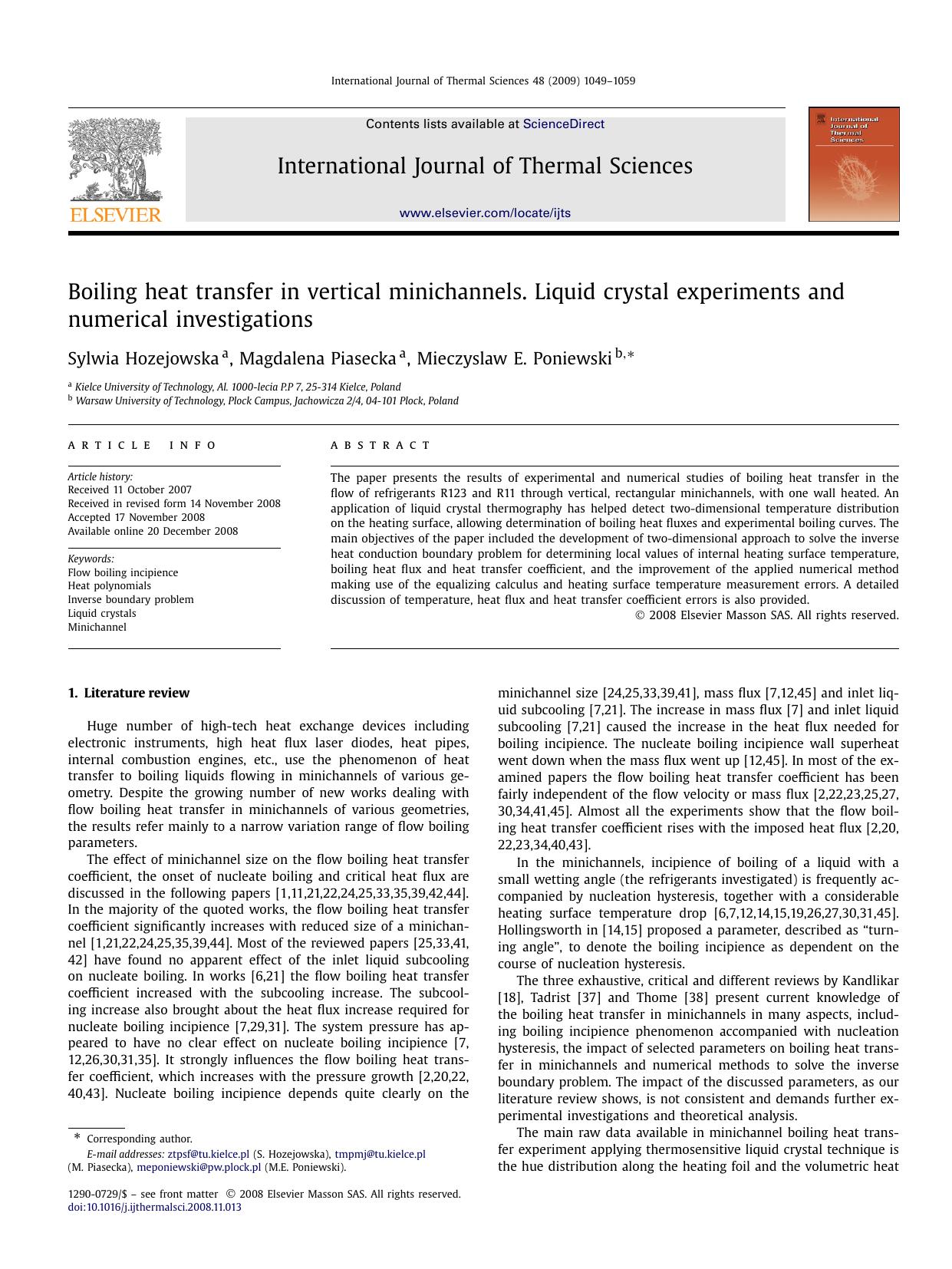 Boiling heat transfer in vertical minichannels. Liquid crystal experiments and numerical investigations by Sylwia Hozejowska; Magdalena Piasecka; Mieczyslaw E. Poniewski