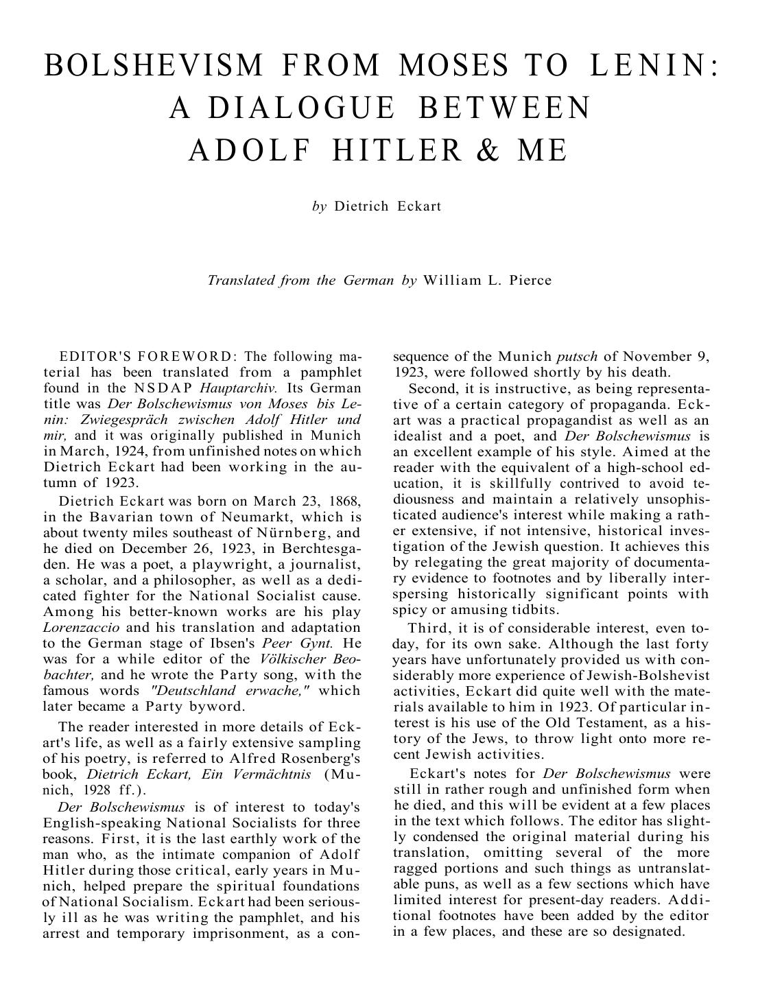 Bolshevism from Moses to Lenin (1924; 1966) by Dietrich Eckart transl. William L. Pierce