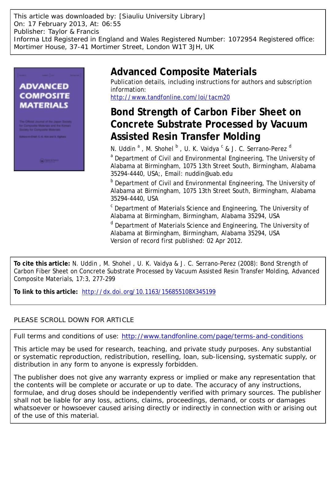 Bond Strength of Carbon Fiber Sheet on Concrete Substrate Processed by Vacuum Assisted Resin Transfer Molding by N. Uddin M. Shohel U. K. Vaidya & J. C. Serrano-Perez