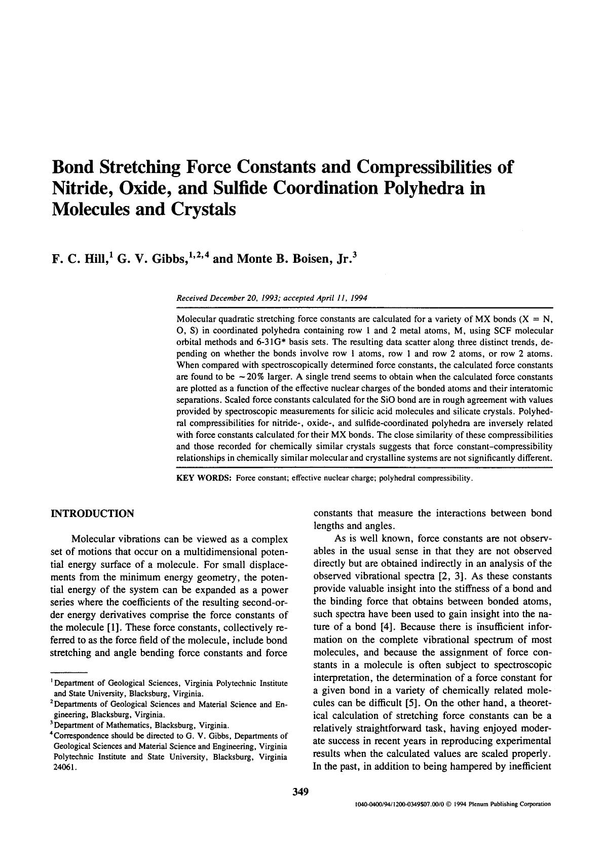 Bond stretching force constants and compressibilities of nitride, oxide, and sulfide coordination polyhedra in molecules and crystals by Unknown