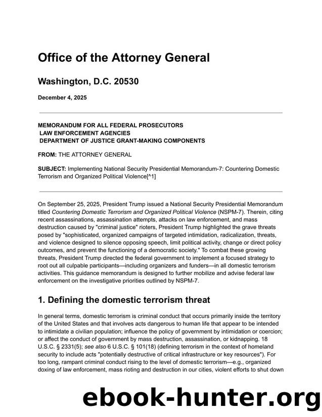 Bondi Memo on Countering Domestic Terrorism and Organized Political Violence by Unknown