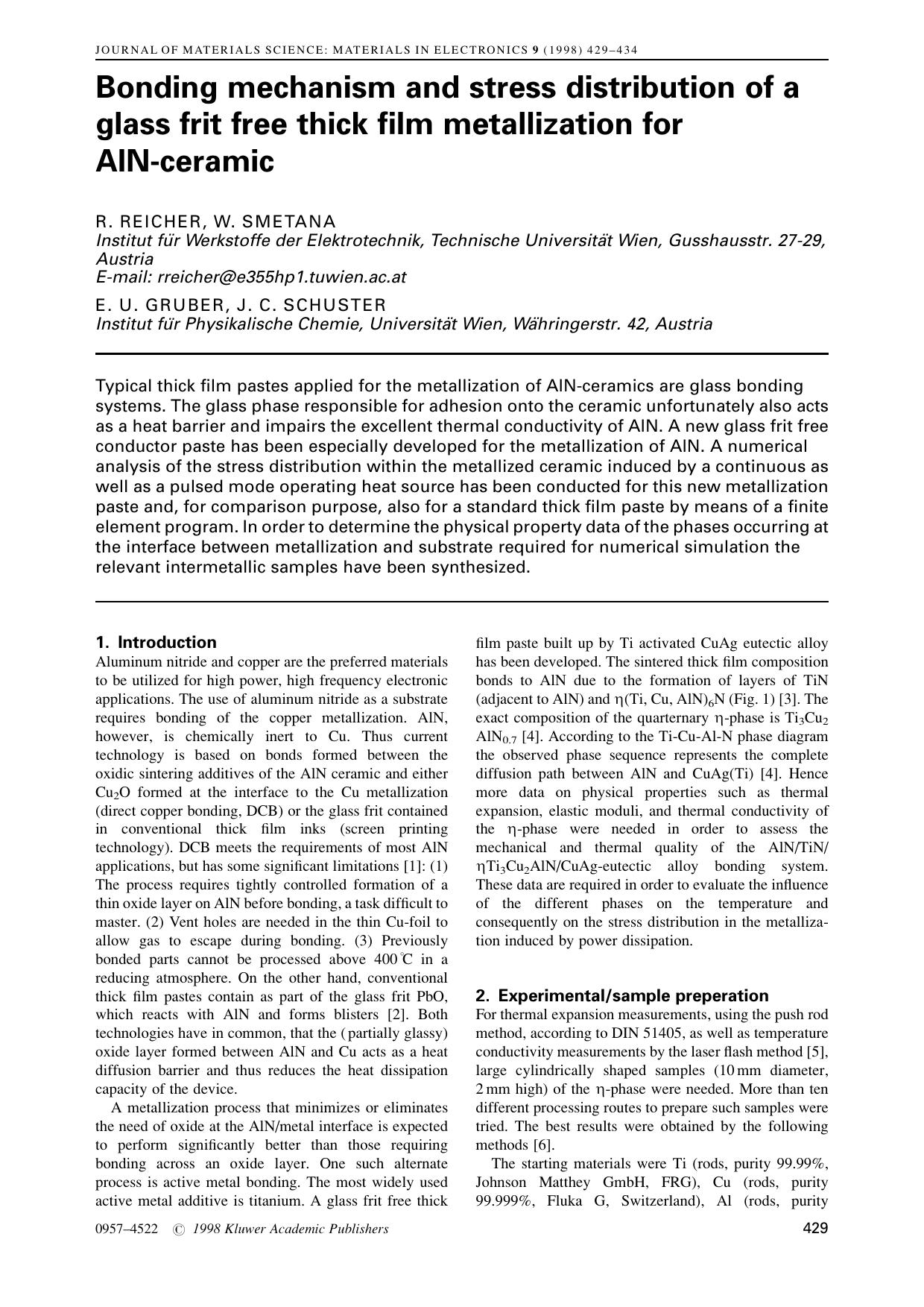 Bonding mechanism and stress distribution of a glass frit free thick film metallization for AlN-ceramic by Unknown