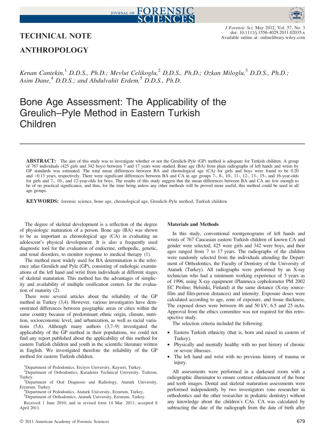 Bone Age Assessment: The Applicability of the GreulichPyle Method in Eastern Turkish Children by Unknown