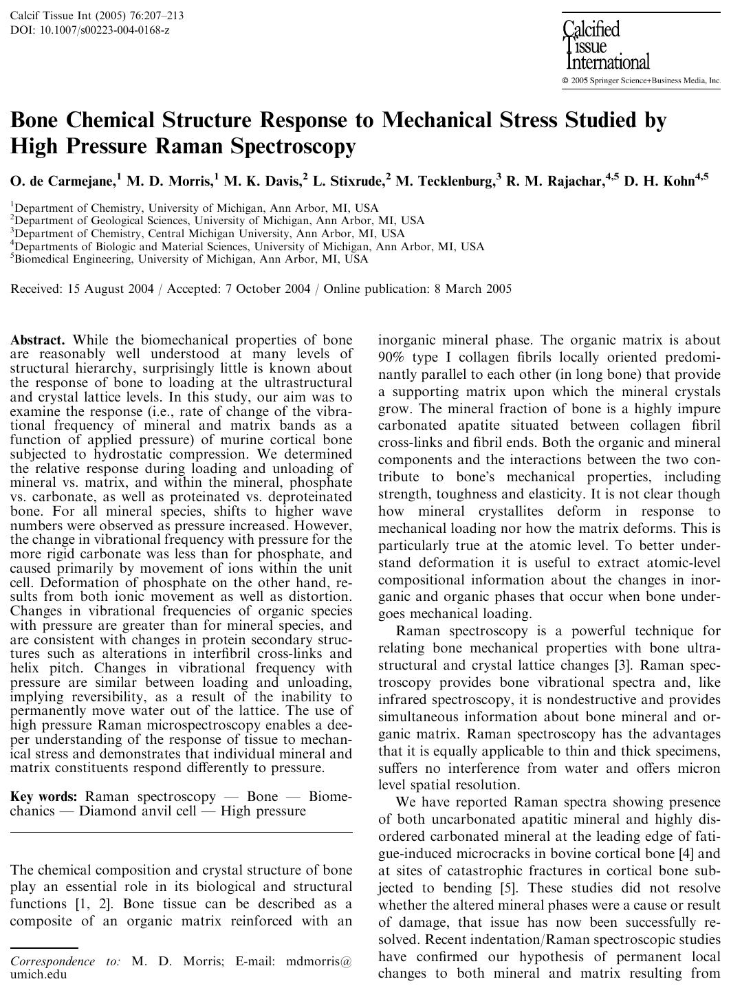 Bone Chemical Structure Response to Mechanical Stress Studied by High Pressure Raman Spectroscopy by de Carmejane O. et al