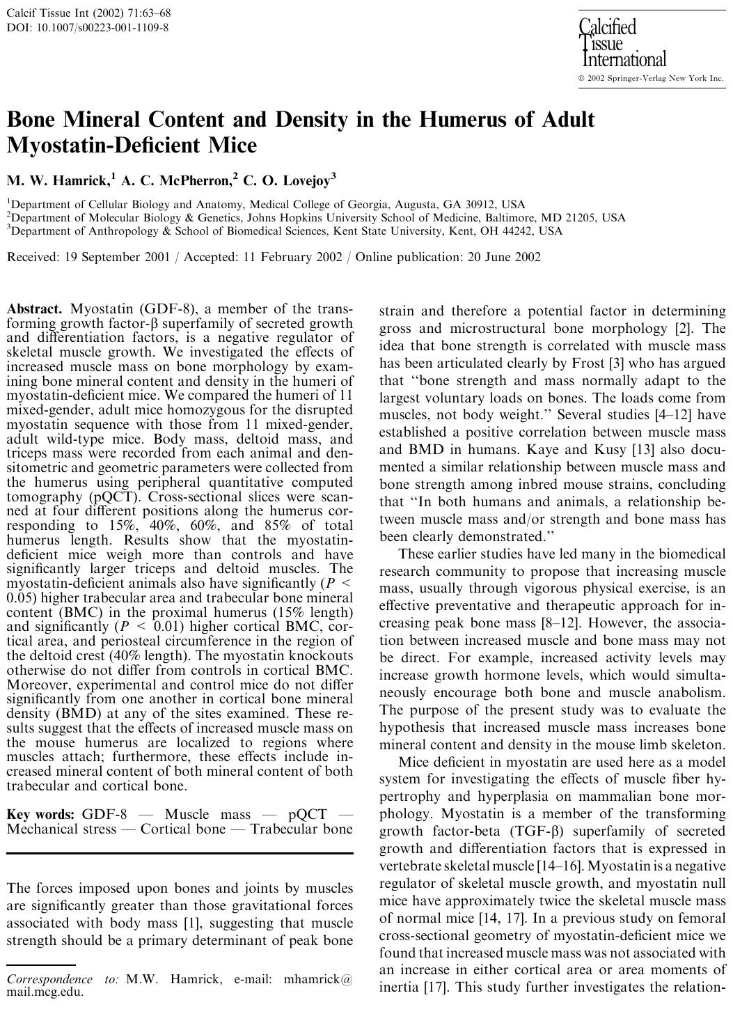 Bone Mineral Content and Density in the Humerus of Adult Myostatin-Deficient Mice by Hamrick M.W. et al
