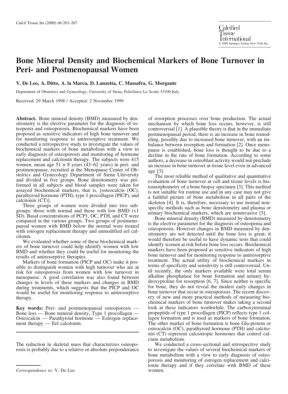 Bone Mineral Density and Biochemical Markers of Bone Turnover in Peri- and Postmenopausal Women by De Leo V. et al