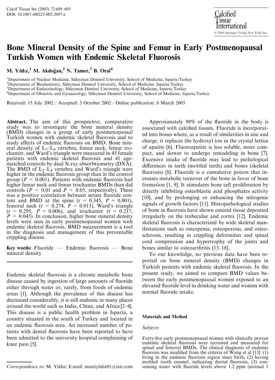 Bone Mineral Density of the Spine and Femur in Early Postmenopausal Turkish Women with Endemic Skeletal Fluorosis by Yildiz M. et al