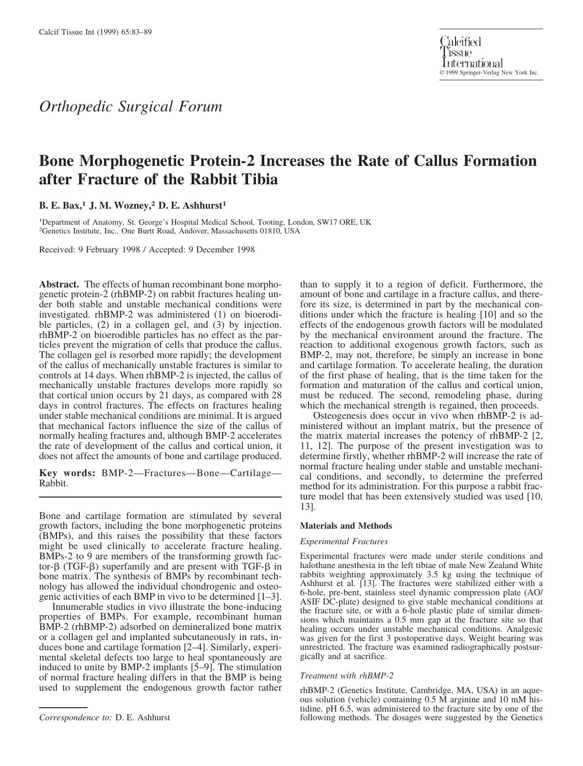 Bone Morphogenetic Protein-2 Increases the Rate of Callus Formation after Fracture of the Rabbit Tibia by Bax B. et al