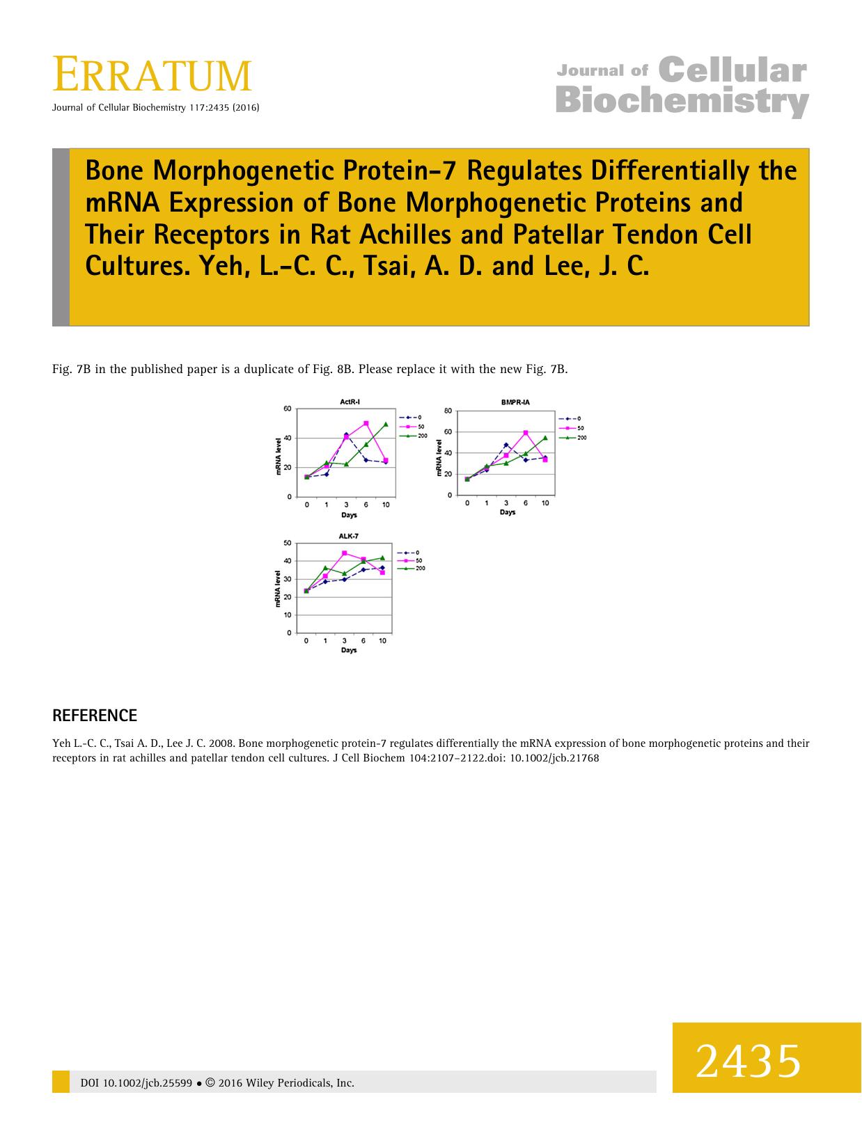 Bone Morphogenetic Protein-7 Regulates Differentially the mRNA Expression of Bone Morphogenetic Proteins and Their Receptors in Rat Achilles and Patellar Tendon Cell Cultures. Yeh, by Unknown
