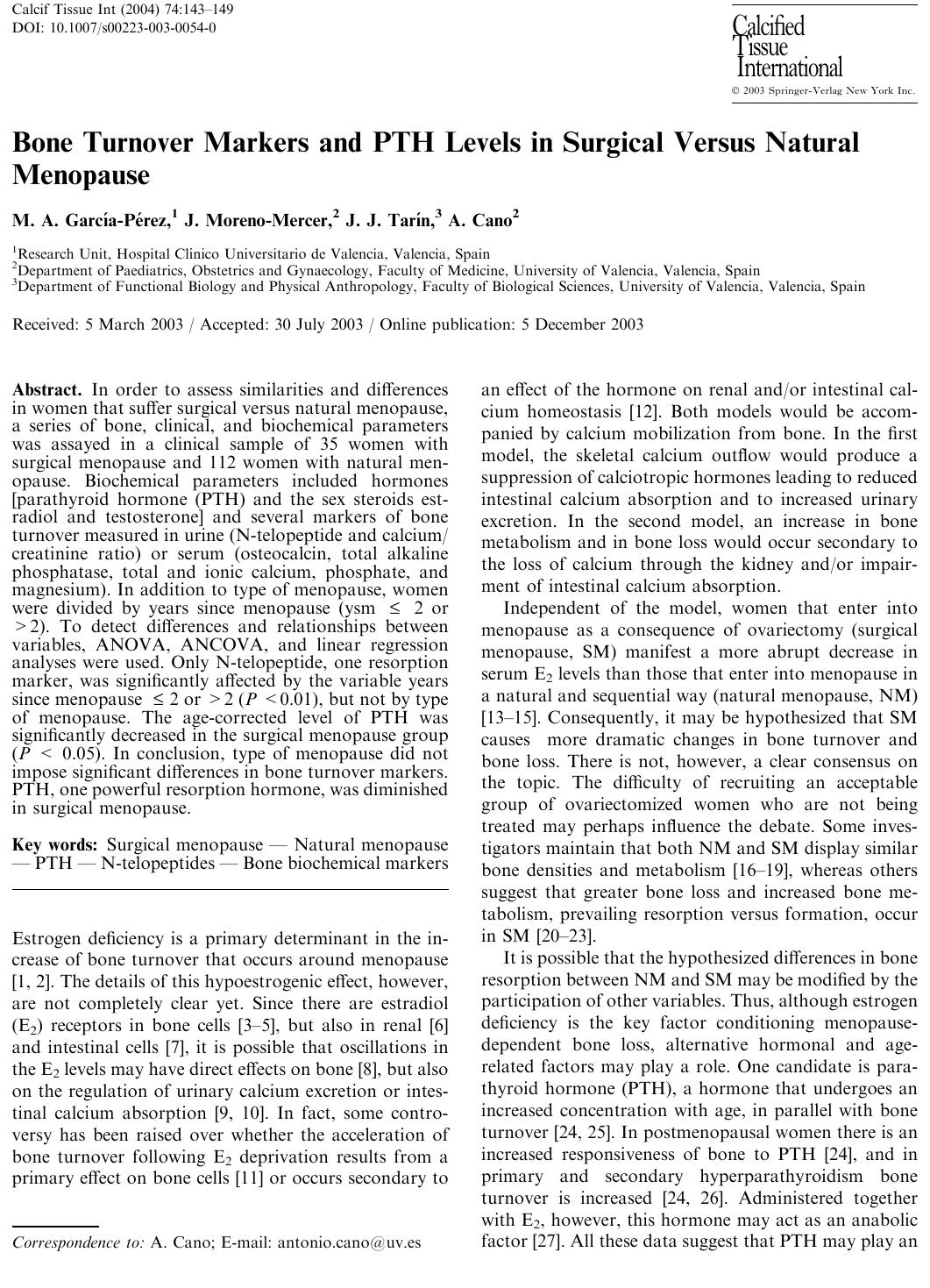 Bone Turnover Markers and PTH Levels in Surgical Versus Natural Menopause by Garcia-Perez M.A. et al