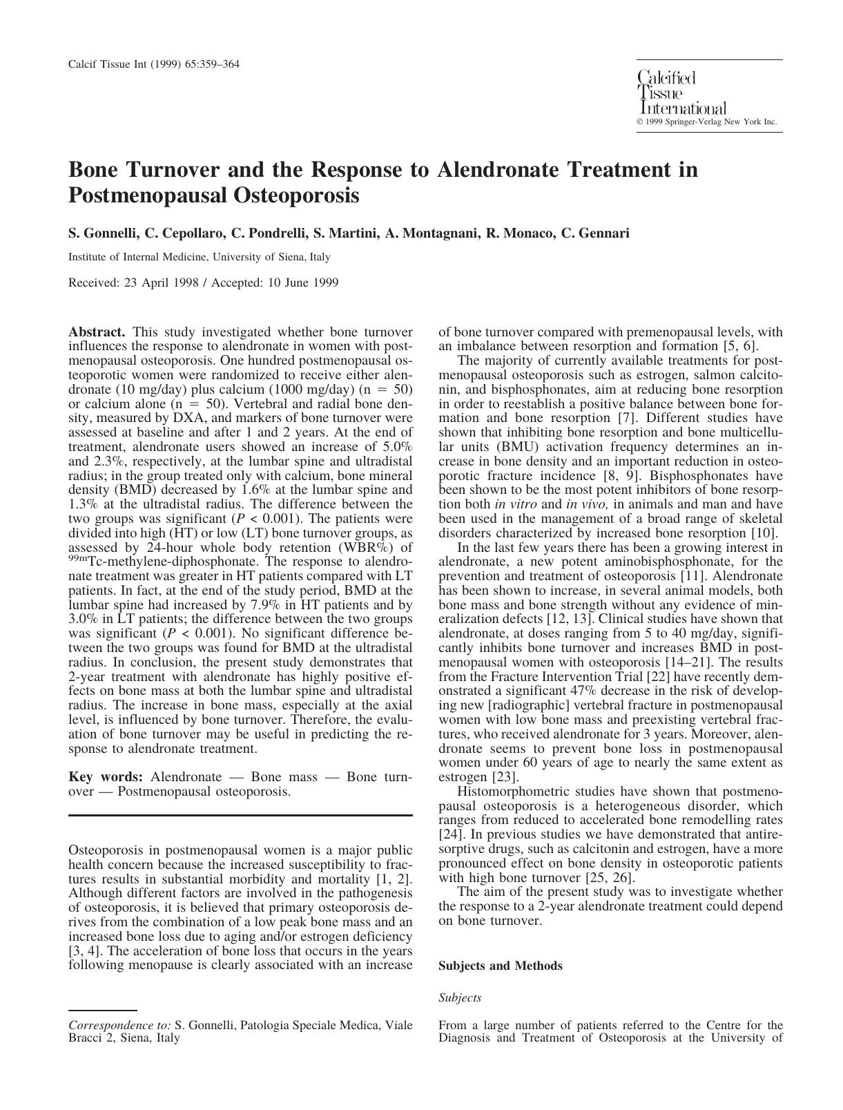 Bone Turnover and the Response to Alendronate Treatment in Postmenopausal Osteoporosis by Gonnelli S. et al