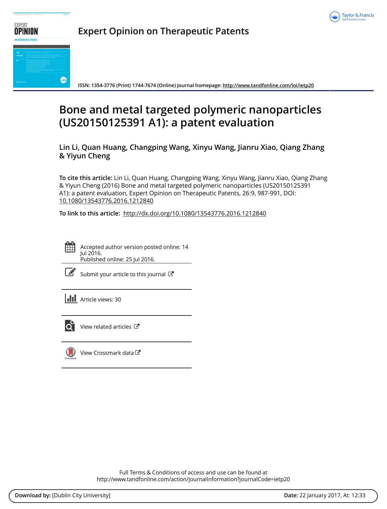 Bone and metal targeted polymeric nanoparticles (US20150125391 A1): a patent evaluation by Lin Li & Quan Huang & Changping Wang & Xinyu Wang & Jianru Xiao & Qiang Zhang & Yiyun Cheng