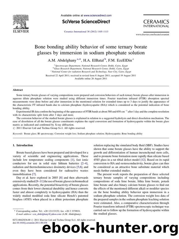 Bone bonding ability behavior of some ternary borate glasses by immersion in sodium phosphate solution by A.M. Abdelghany