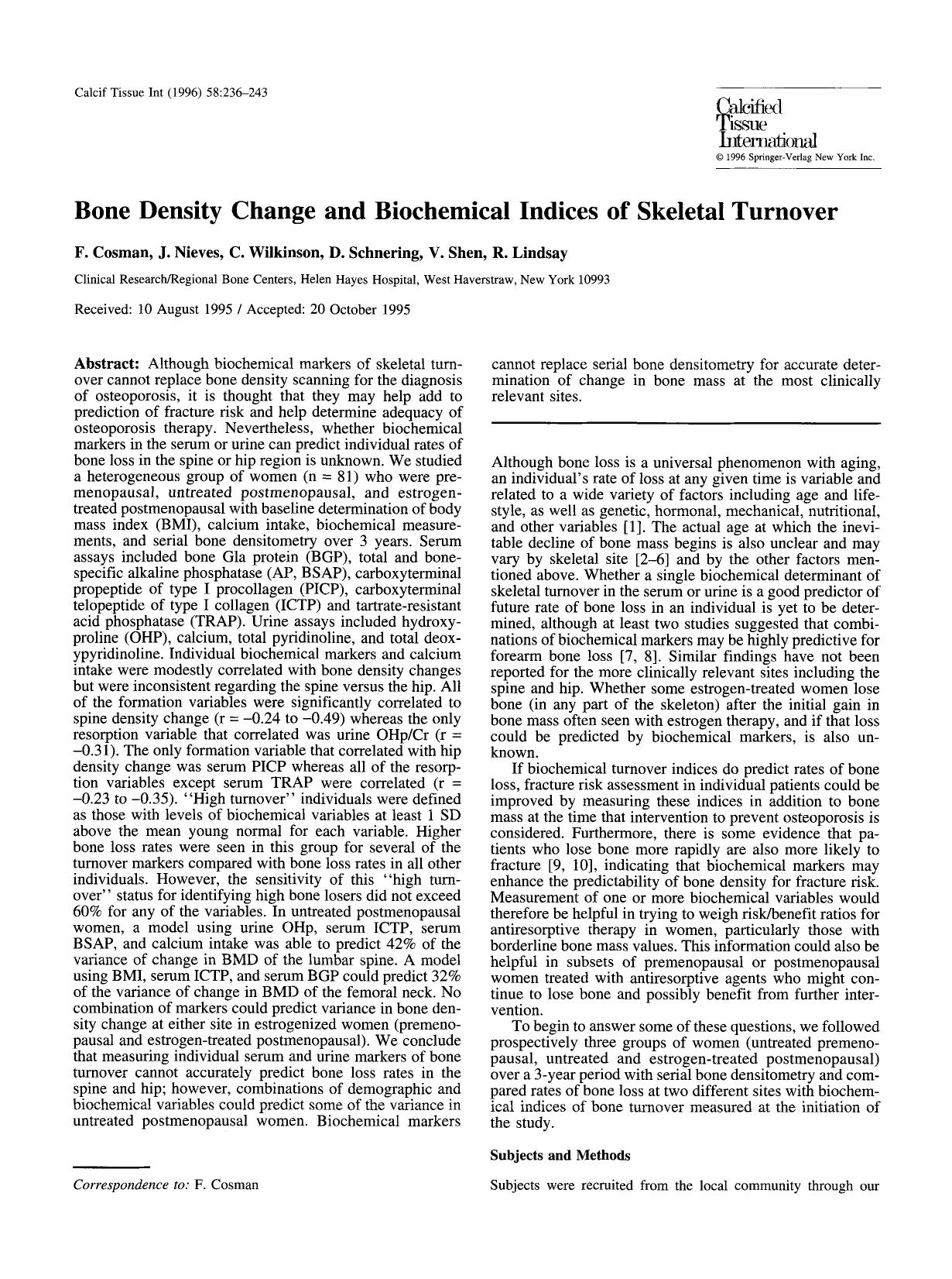 Bone density change and biochemical indices of skeletal turnover by Unknown