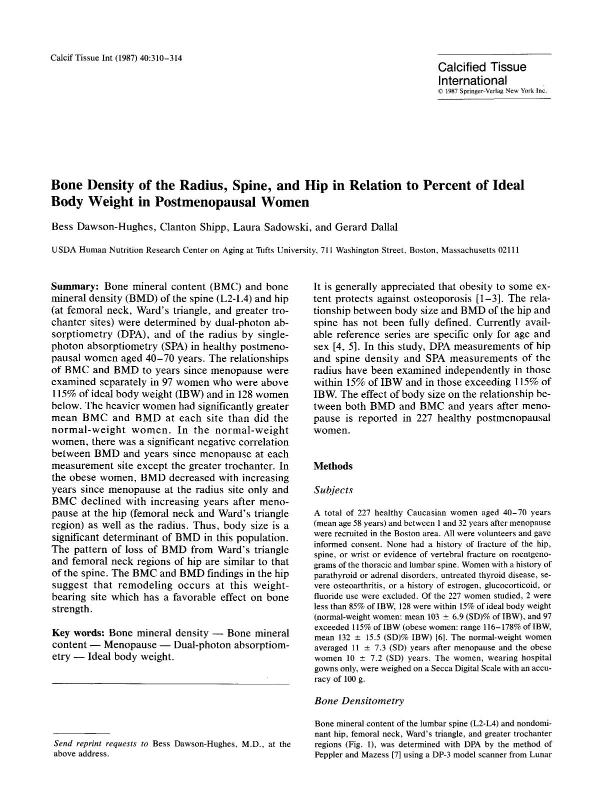 Bone density of the radius, spine, and hip in relation to percent of ideal body weight in postmenopausal women by Unknown
