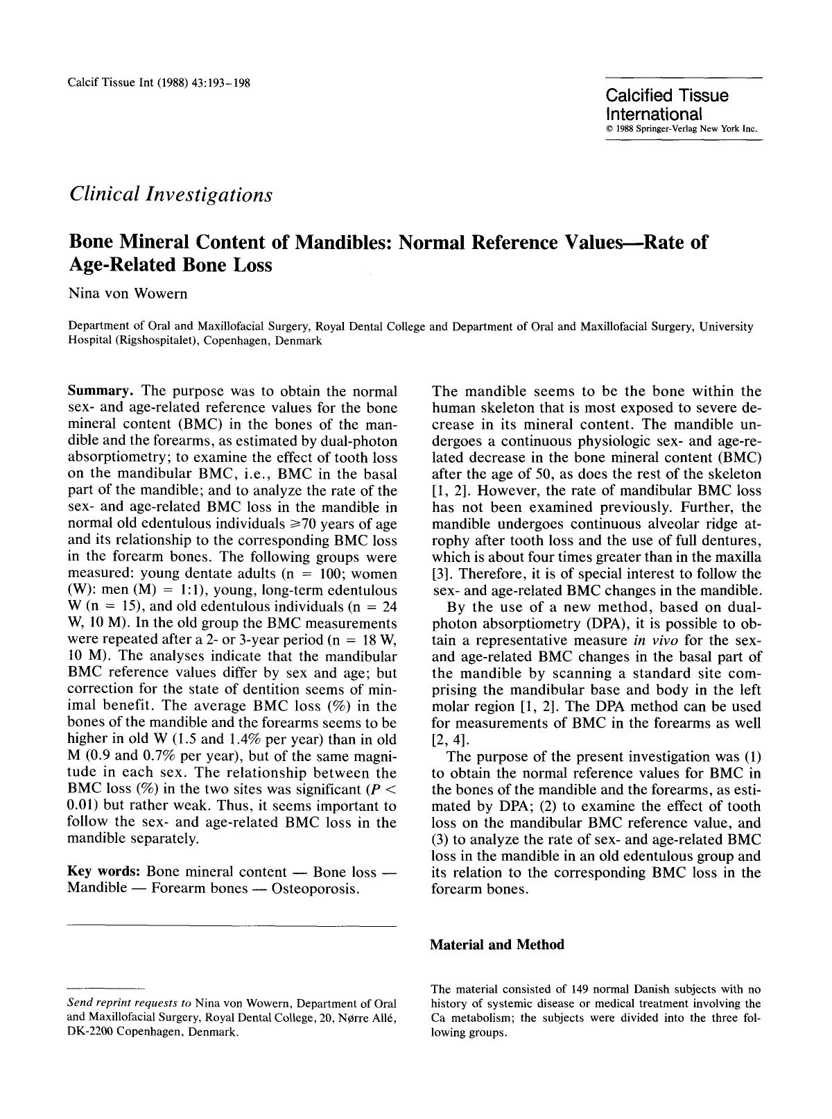 Bone mineral content of mandibles: Normal reference values—Rate of age-related bone loss by Unknown