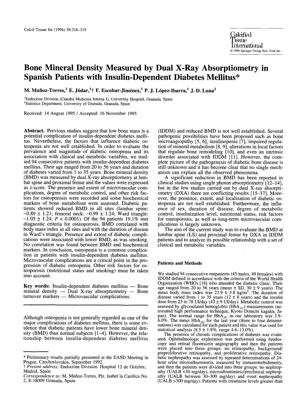 Bone mineral density measured by dual X-ray absorptiometry in Spanish patients with insulin-dependent diabetes mellitus by Unknown