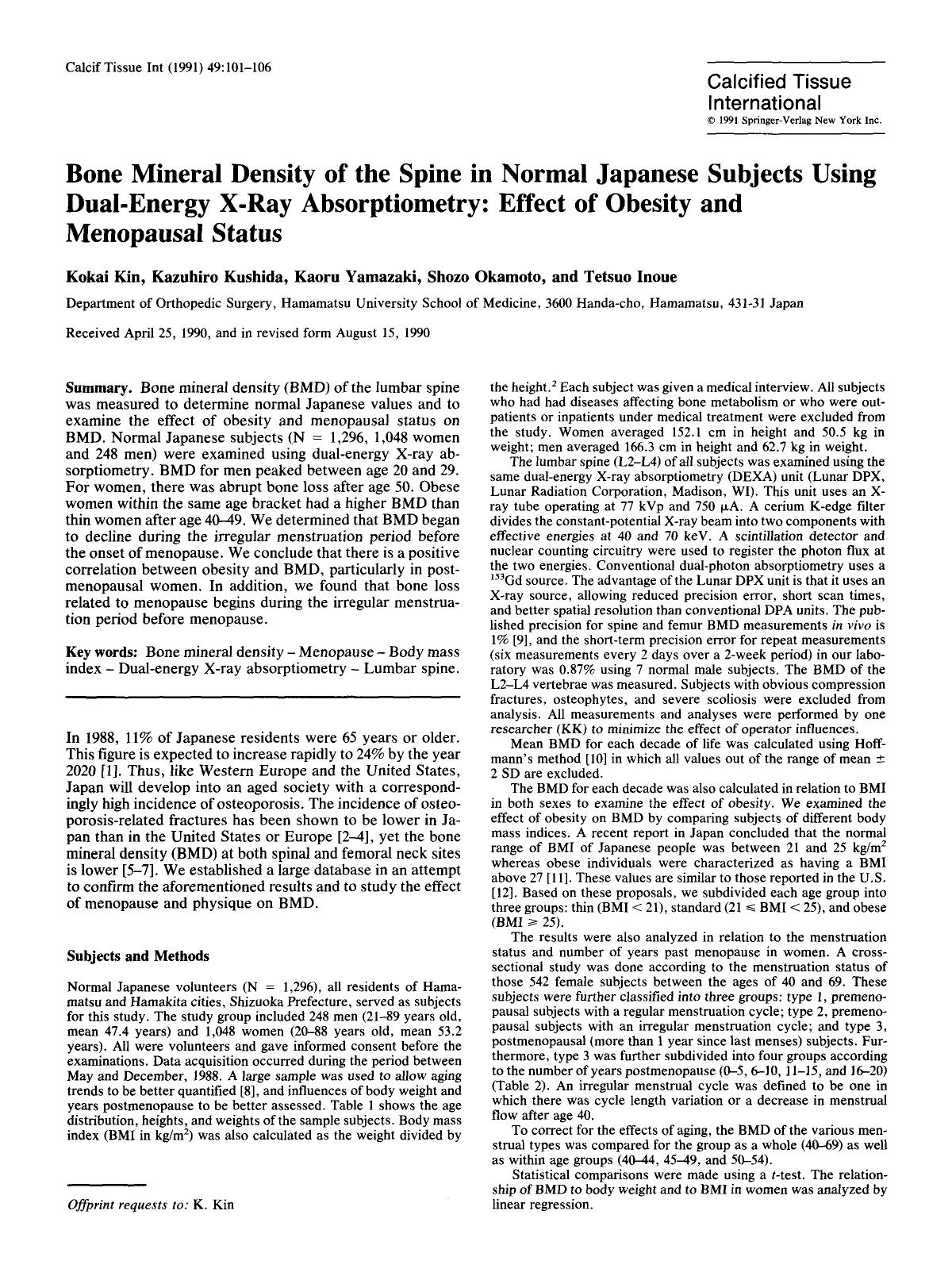 Bone mineral density of the spine in normal Japanese subjects using dual-energy X-ray absorptiometry: Effect of obesity and menopausal status by Unknown