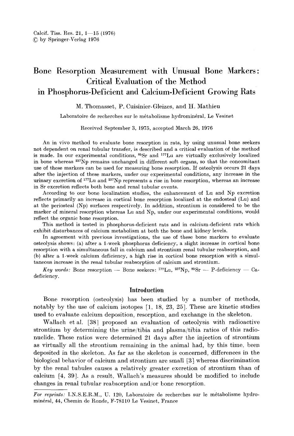 Bone resorption measurement with unusual bone markers: Critical evaluation of the method in phosphorus-deficient and calcium-deficient growing rats by Unknown