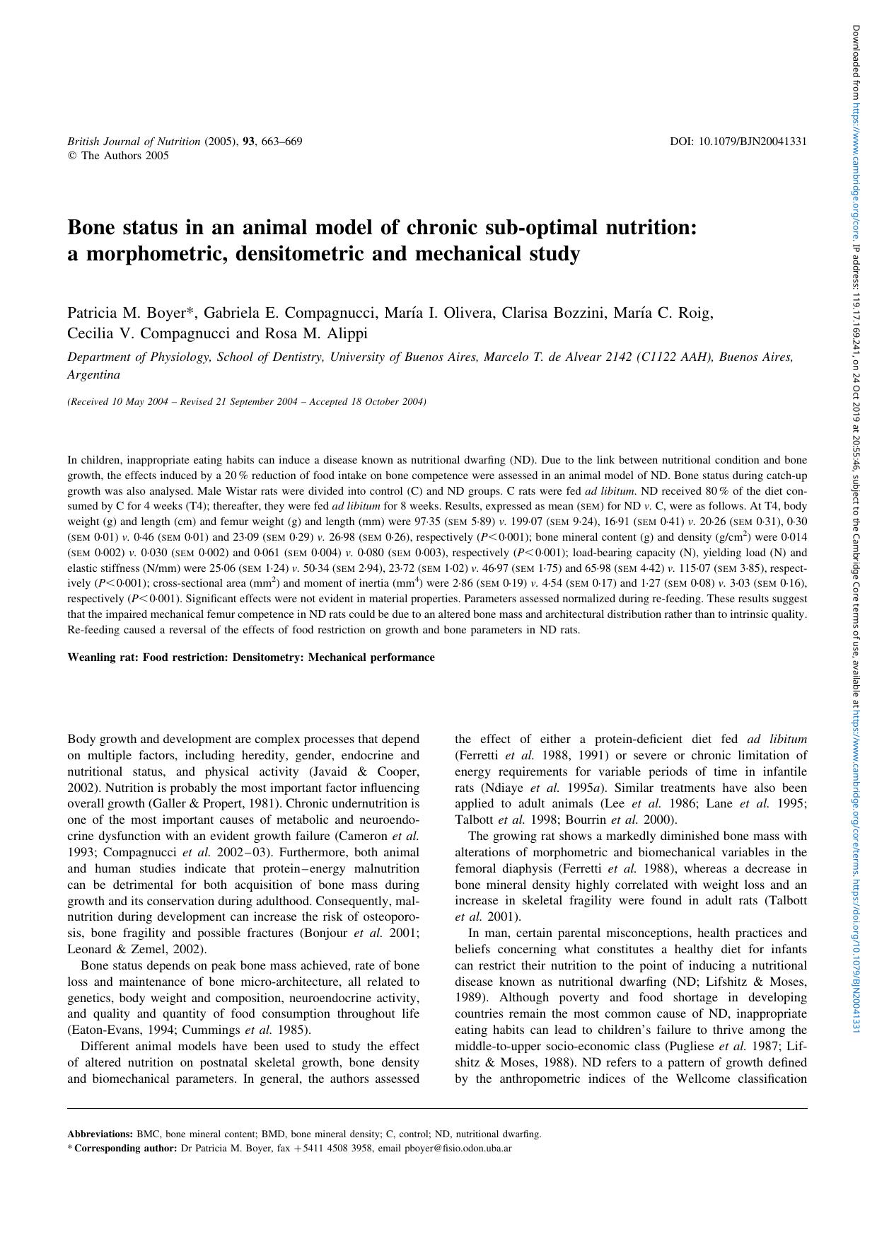 Bone status in an animal model of chronic sub-optimal nutrition: a morphometric, densitometric and mechanical study by unknow