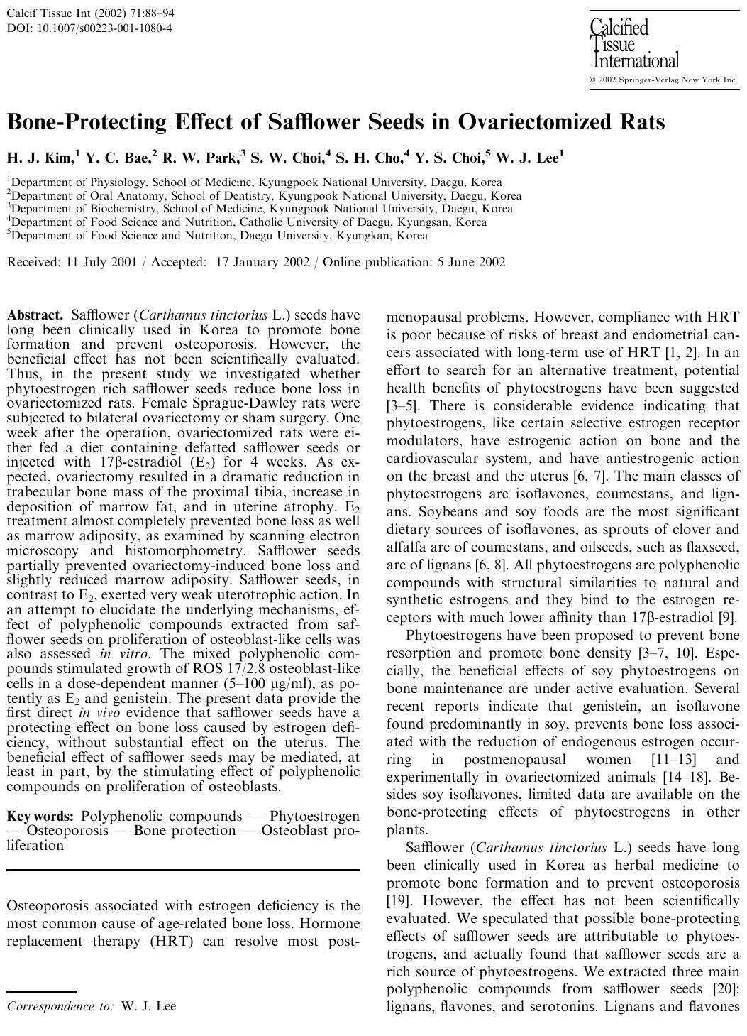 Bone-Protecting Effect of Safflower Seeds in Ovariectomized Rats by Kim H.J. et al