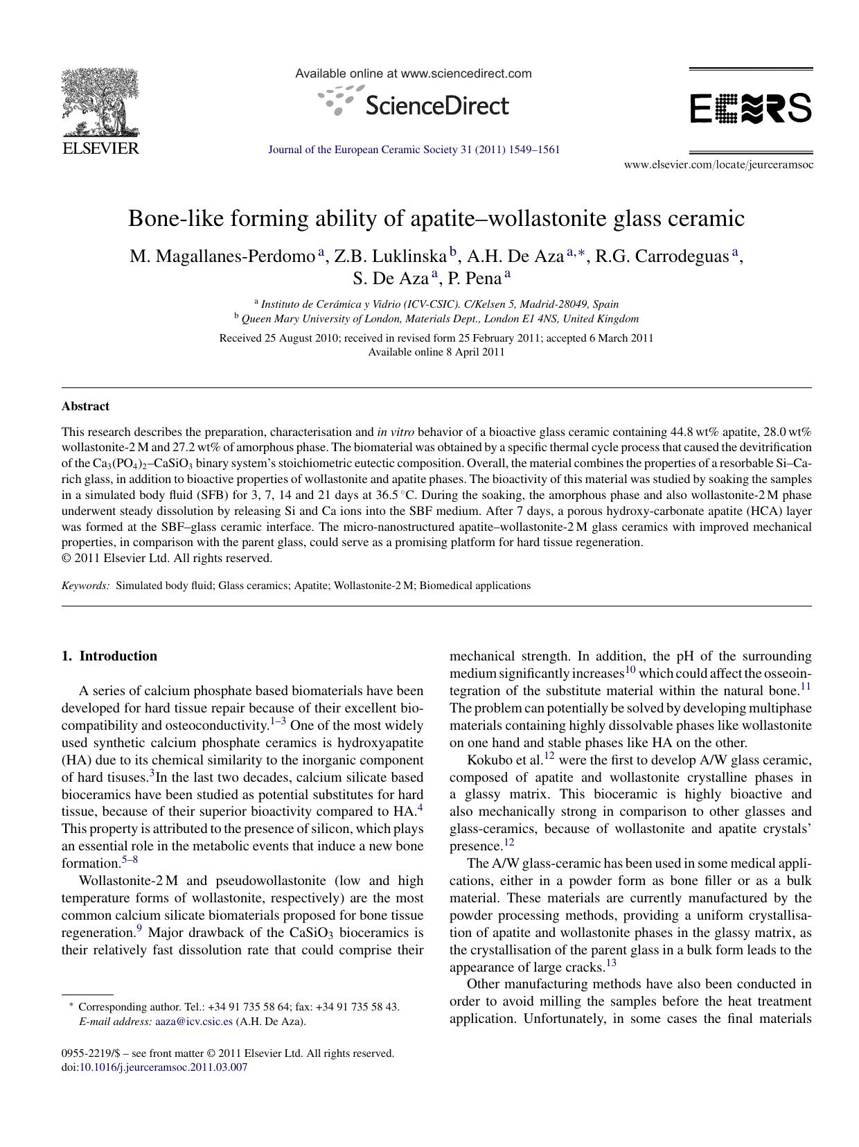 Bone-like forming ability of apatiteÃ¢â¬âwollastonite glass ceramic by M. Magallanes-Perdomo