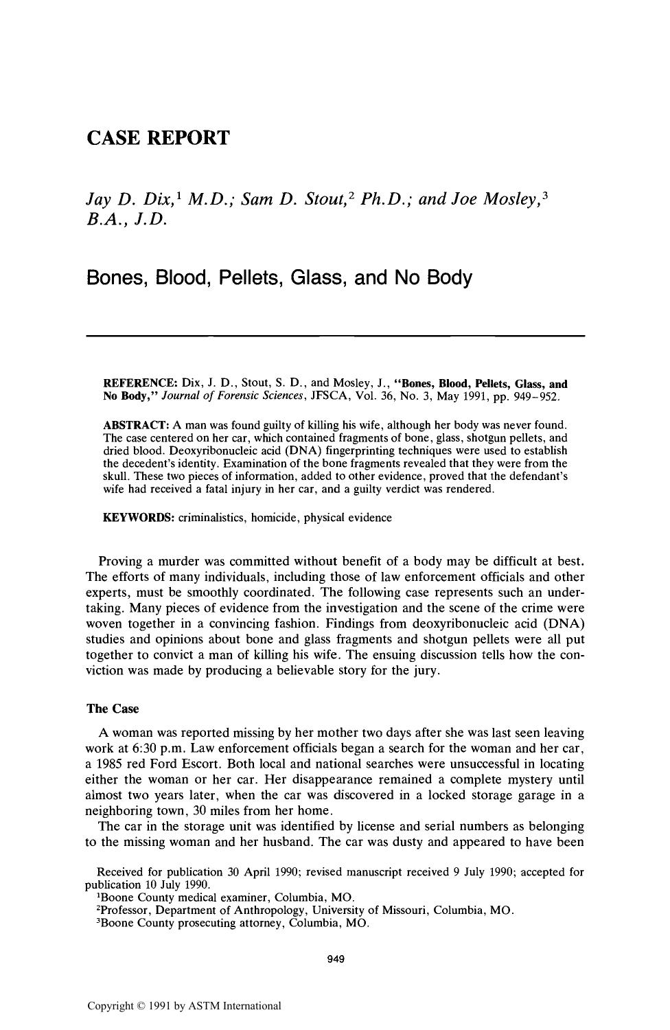 Bones, Blood, Pellets, Glass, and No Body by Dix JD Stout SD Mosley J