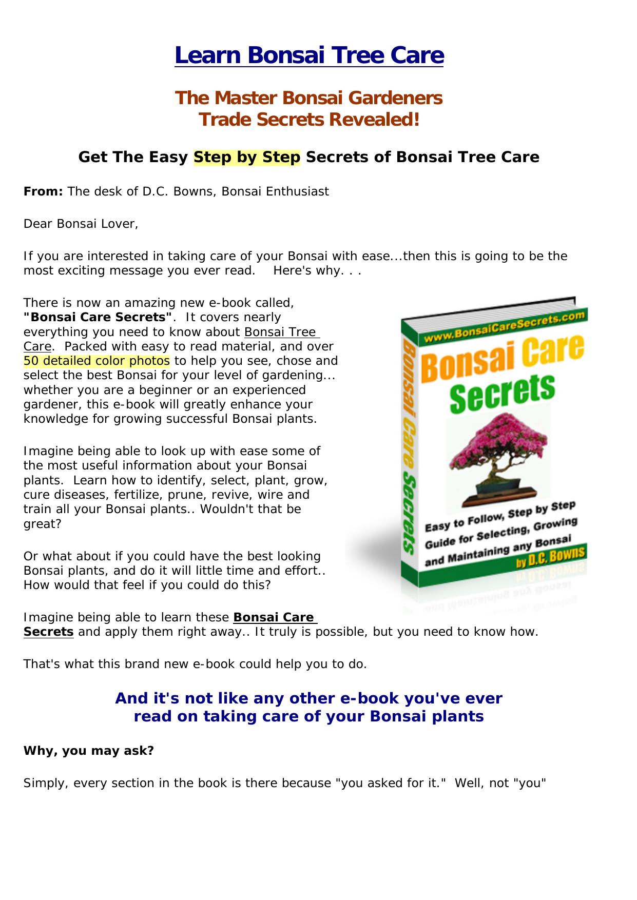 Bonsai Tree Care Secrets. by Best of Kuszter's Collection