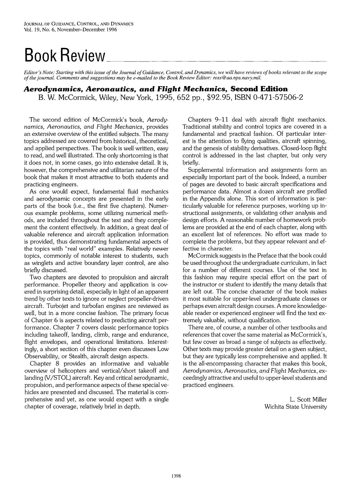 Book Review Aerodynamics, Aeronautics, and Flight Mechanics, Second Edition by Unknown