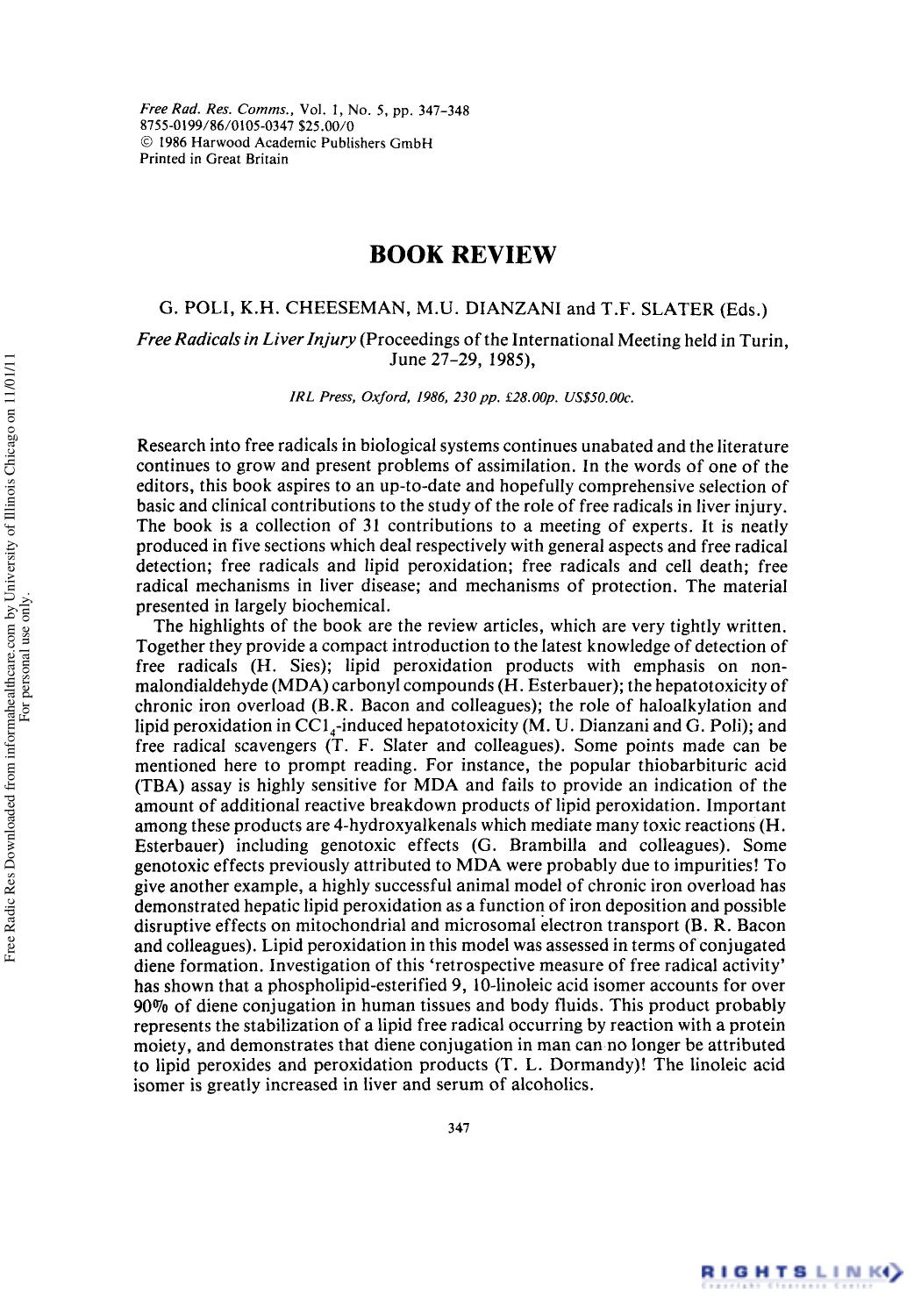 Book Review by G. Poli1 K. H. Cheeseman1 M. U. Dianzani1 T. F. Slater1 & W. H. Bannister1