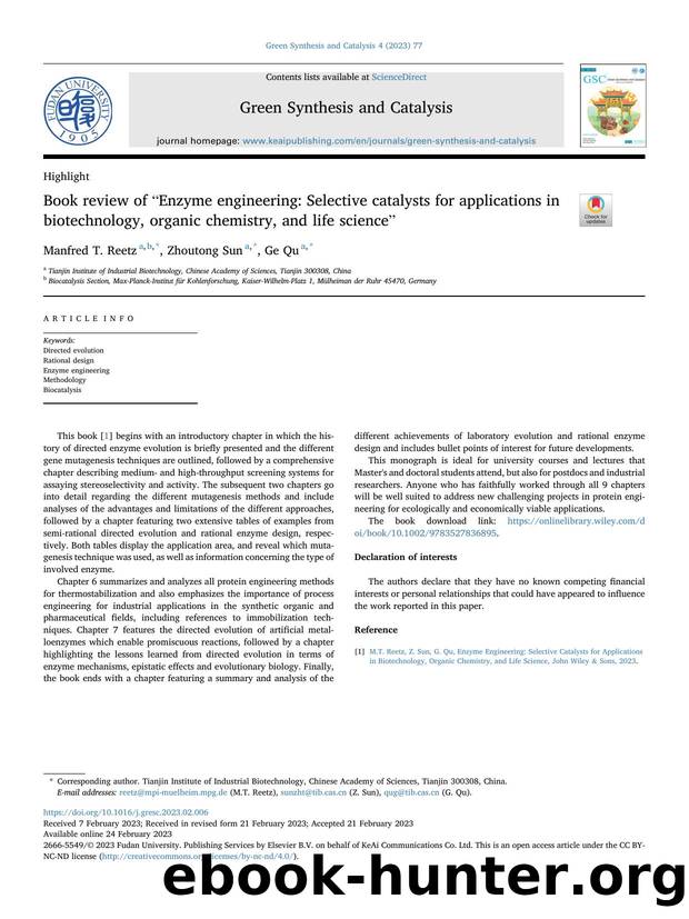 Book review of &#x201C;Enzyme engineering: Selective catalysts for applications in biotechnology, organic chemistry, and life science&#x201D; by Manfred T. Reetz & Zhoutong Sun & Ge Qu