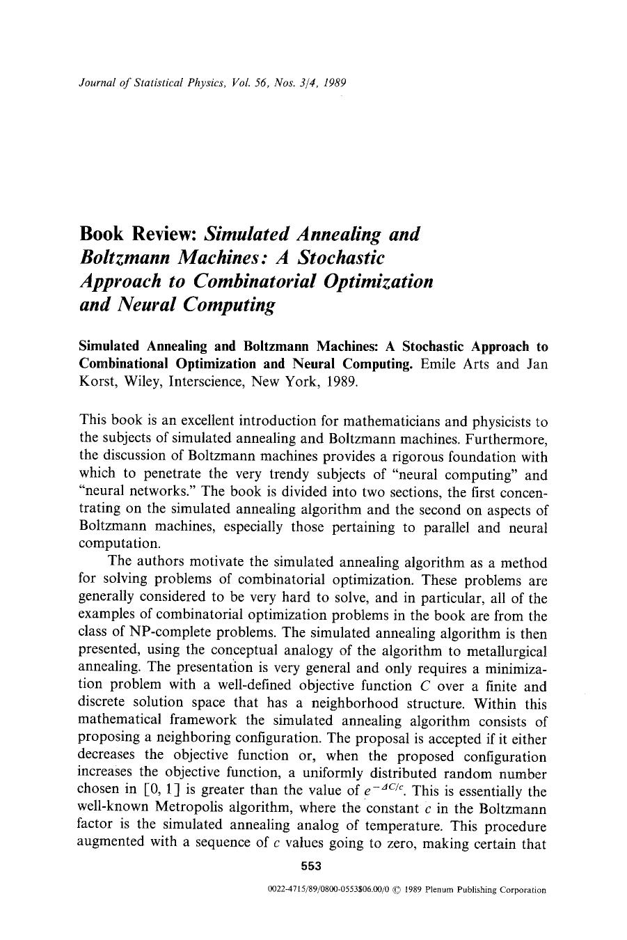 Book review: <Emphasis Type="Italic">Simulated annealing and Boltzntann machines: A stochastic approach to combinatorial optimization and neural computing <Emphasis> by Unknown