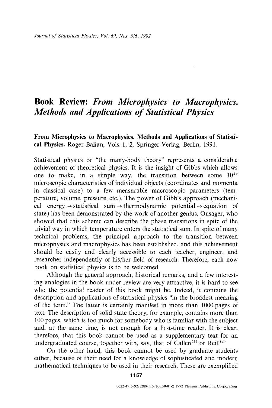 Book review: From microphysics to macrophysics. Methods and applications of statistical physics by Unknown