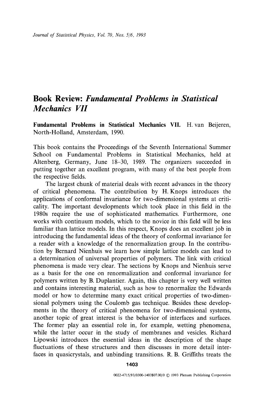Book review: Fundamental problems in statistical mechanics VII by Unknown