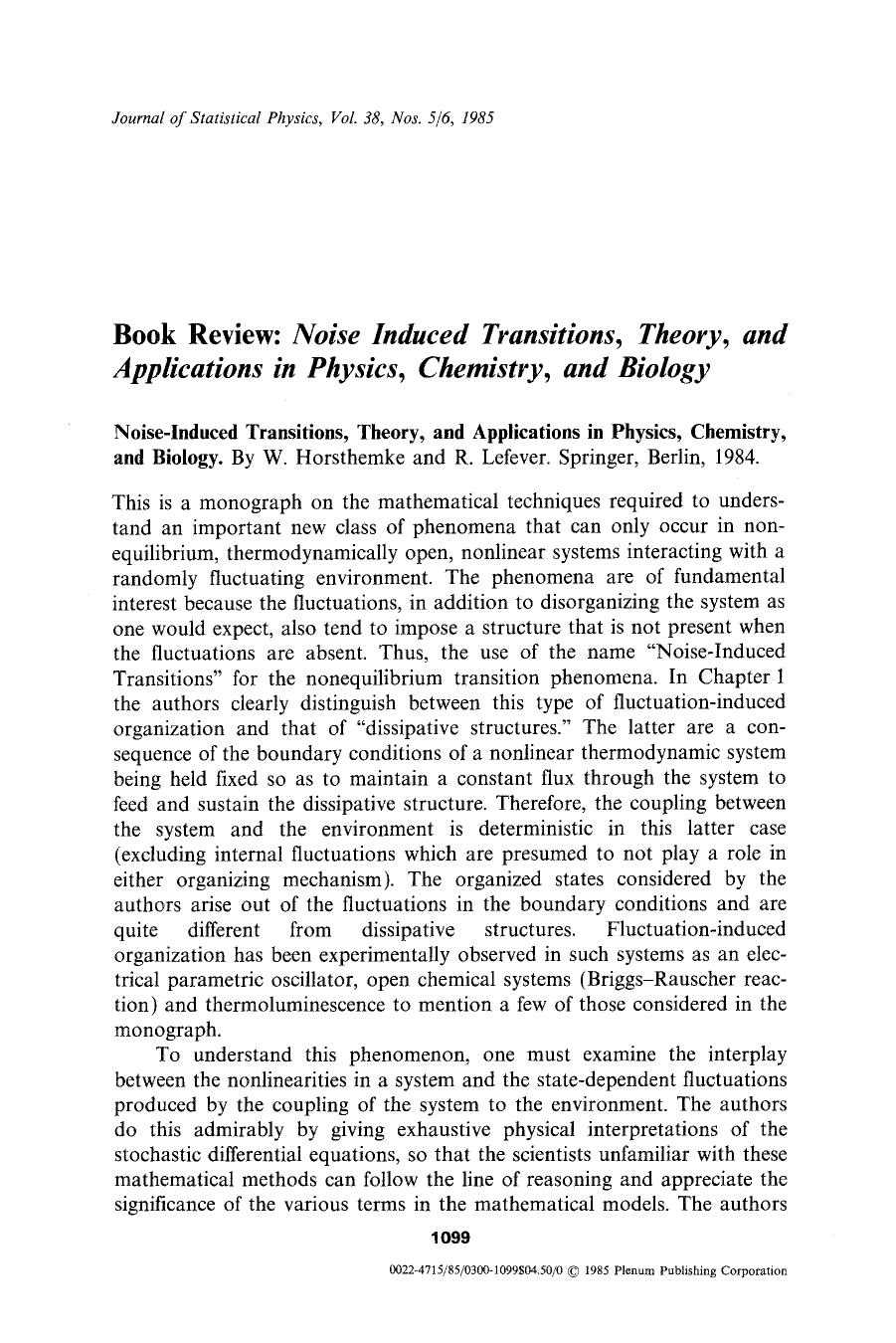 Book review: Noise induced transitions, theory, and applications in physics, chemistry, and biology by Unknown